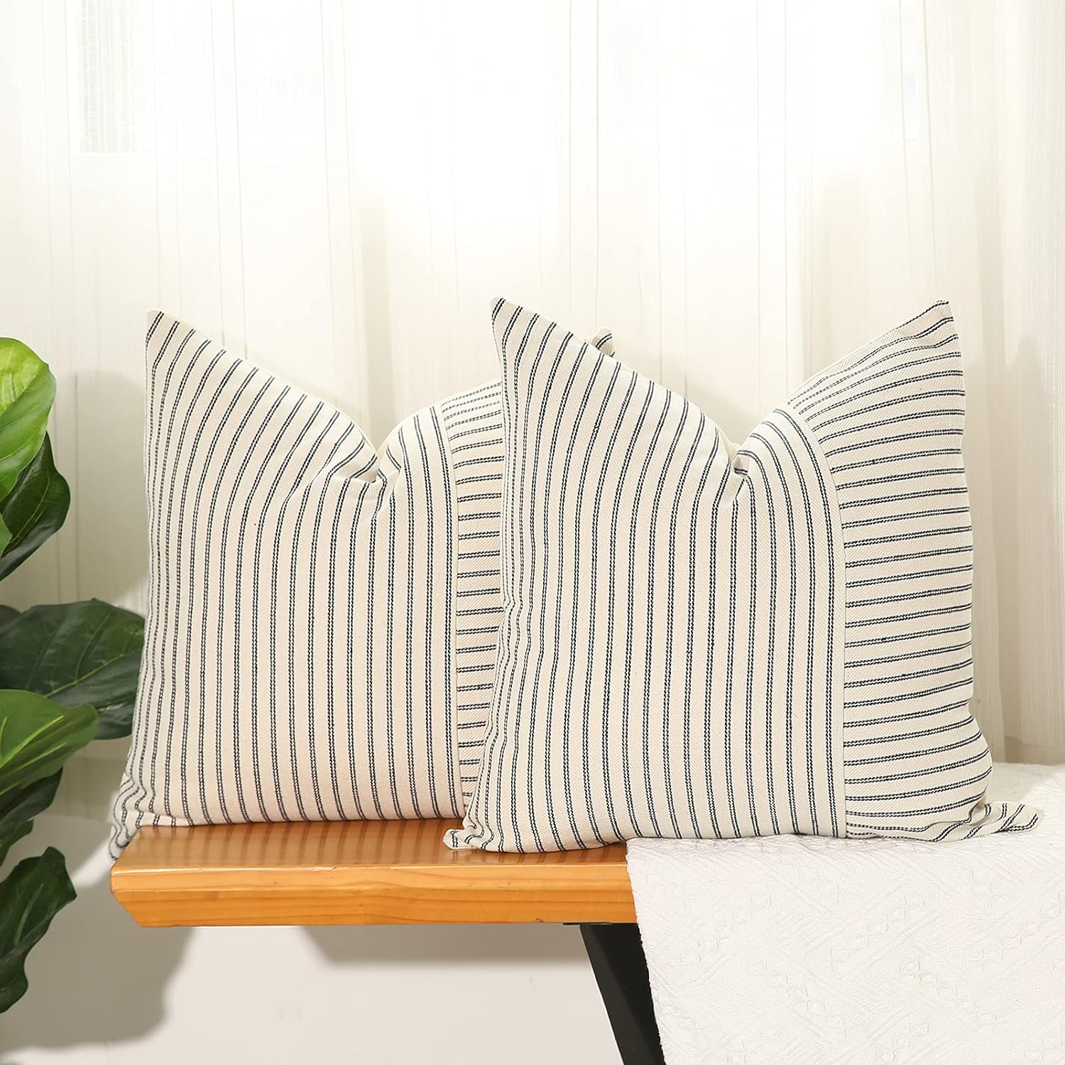 Black and Beige Patchwork Farmhouse Throw Pillows Covers 18 X 18 Inch, Pack of 2 Striped Decorative Pillow Case for Sofa Couch Bed Chair Modern Boho Decor(Black)