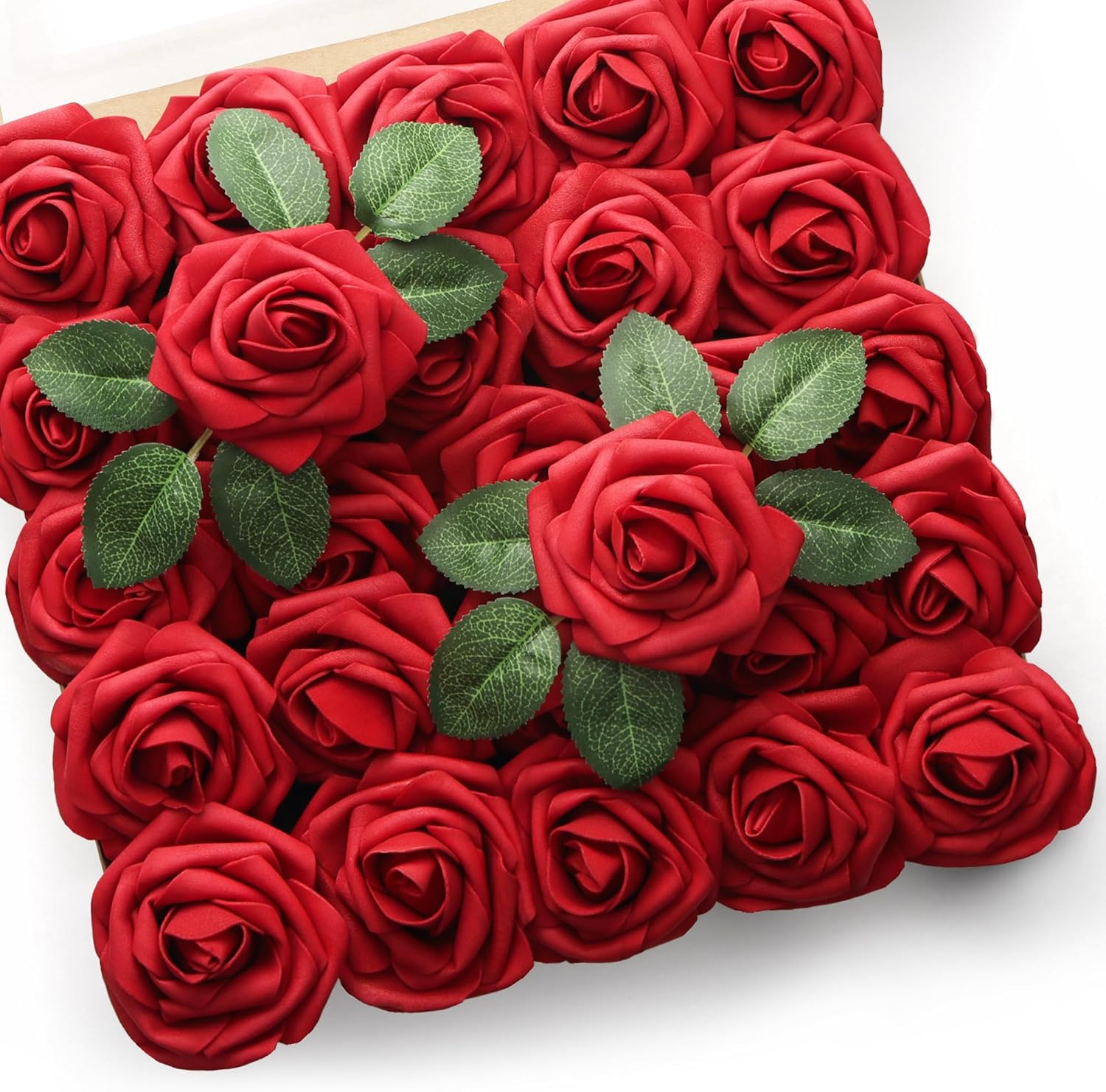 50Pcs Red Roses Artificial Flowers Bulk, Red Roses for Decorations, Real Looking Fake Foam Roses Bulk with Stems DIY Wedding Bouquet Faux Floral Arrangement Bride Shower Party Home Table Decor
