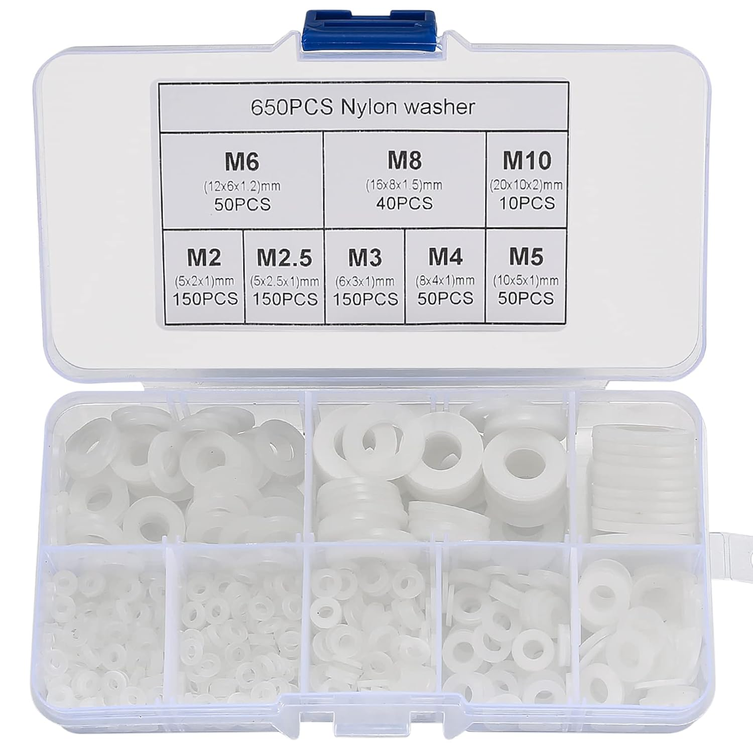 -650 Pcs White Nylon Flat Washer Assortment Kit, round Flat Nylon Washers for Household Commercial Appliances Electrical Connections, 5-20 Mm, M2/M2.5/M3/M4/M5/M6/M8/M10