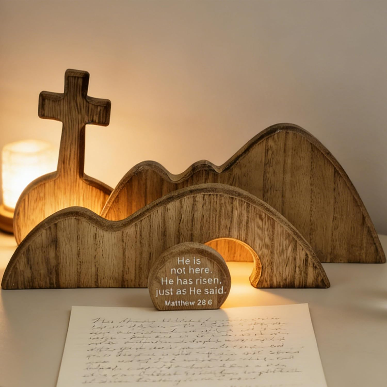 Wooden Empty Tomb Set with Cross, Empty Tomb Easter Scene for Christian Decoration, Wooden Easter Resurrection Scene for Religious Display, Home Office Tabletop Tray, Church, Shelf Decor