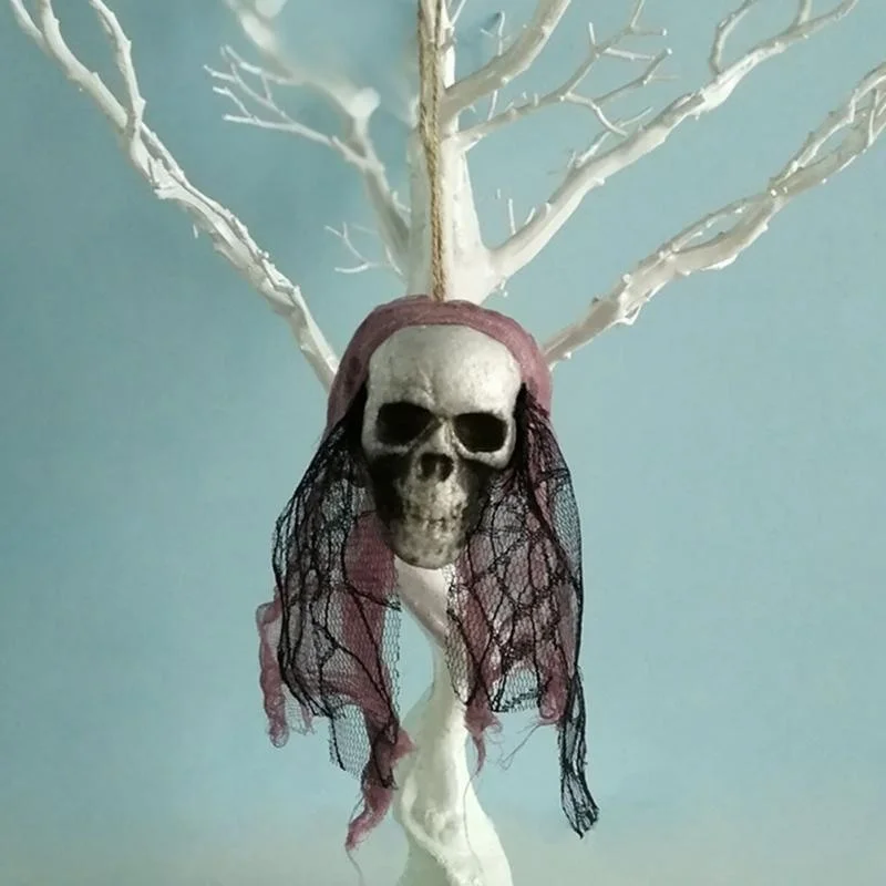 Foam Skull Hanging Ornament – 36cm Halloween Decoration with Cloth or Flower Wrap (8 Variants)
