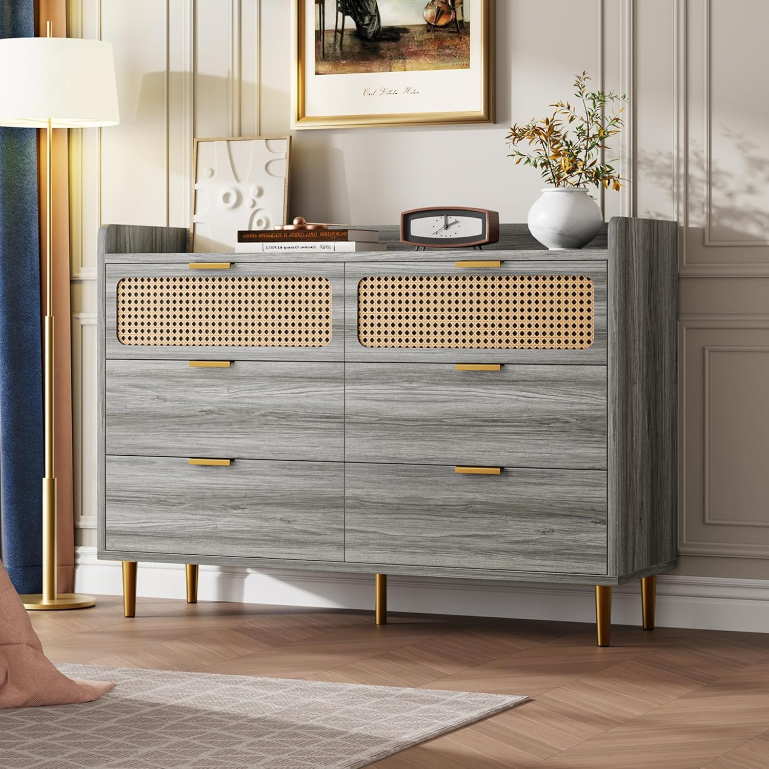 Mid Century Modern 6 Drawer Dresser with Rattan Design and High Legs | eBay