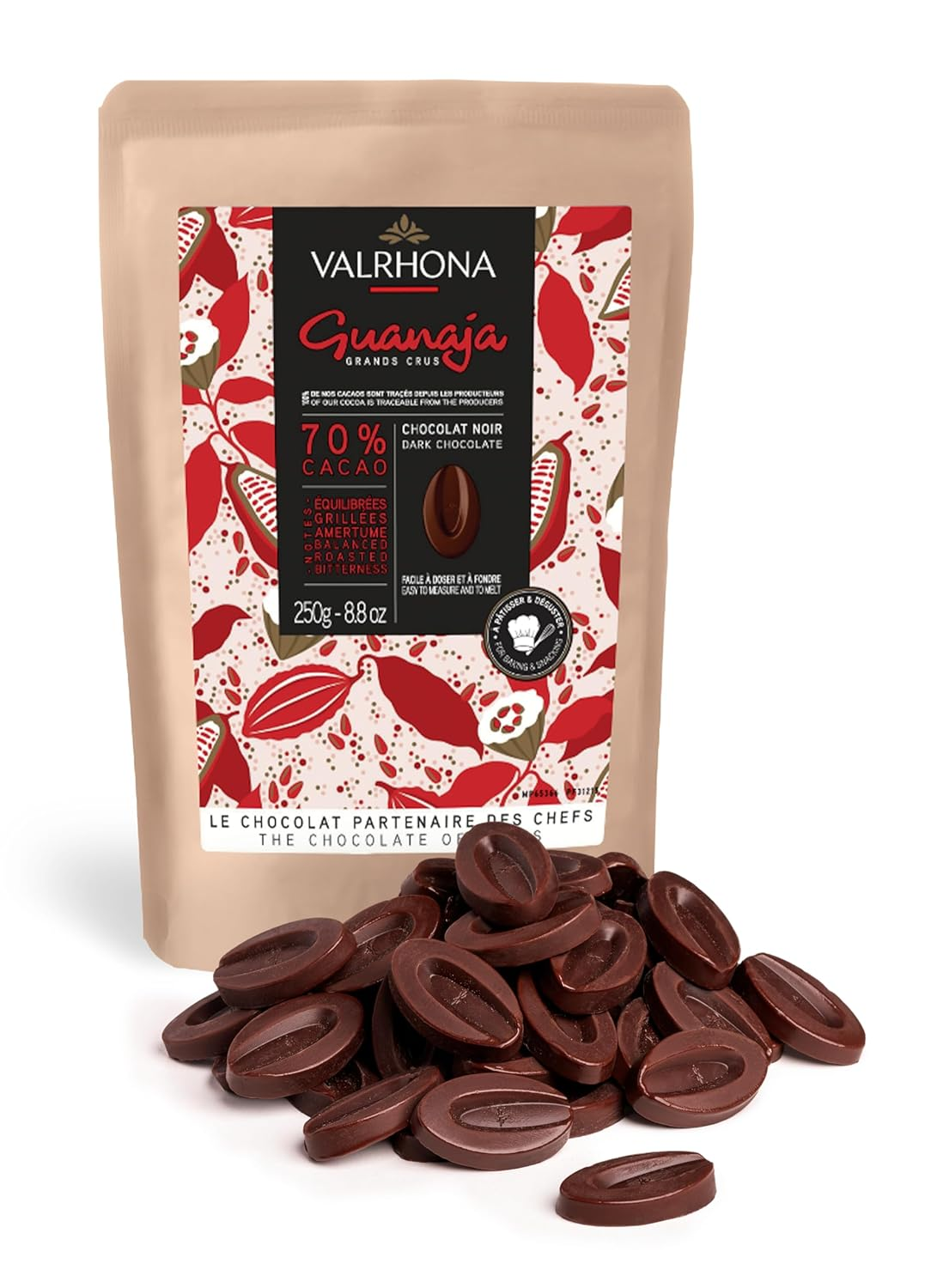 Valrhona Premium French Baking Dark Chocolate Discs (Feves). Classic GUANAJA 70% Cacao. Easy Melt. Easy to Chop. Intense & Smooth with Bitter Notes. Sauces, Cakes, Mousses, Frostings 250G (Pack of 1)