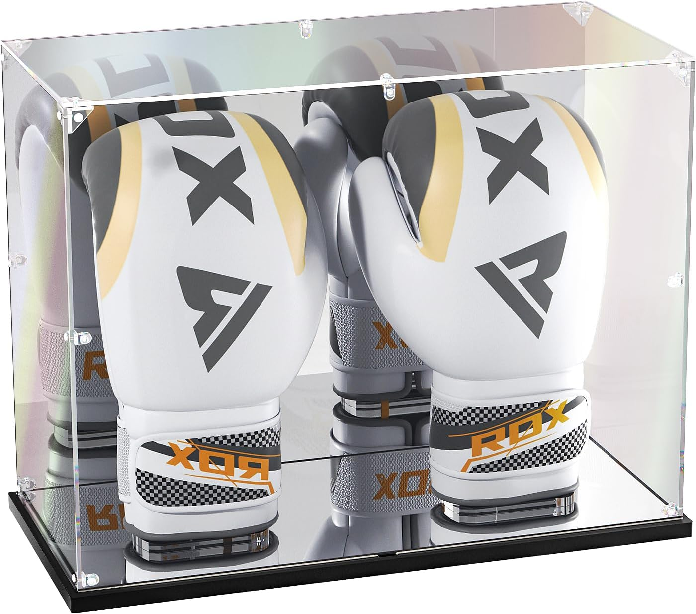 Boxing Glove Display Case with Mirror Back and Base, Clear Acrylic Showcase with Stand for Full Size Boxing Glove, Watch the Video to Assemble (17X8X13 Inch, 43X20X33 Cm)