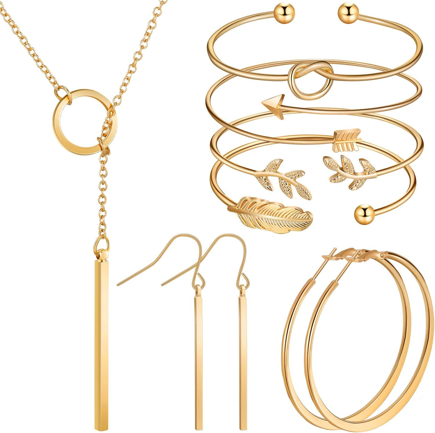 Hicarer Jewelry Set for Women Vertical Bar Necklace Jewelry Accessories Simple Bar Earrings Adjustable Cuff Bracelet