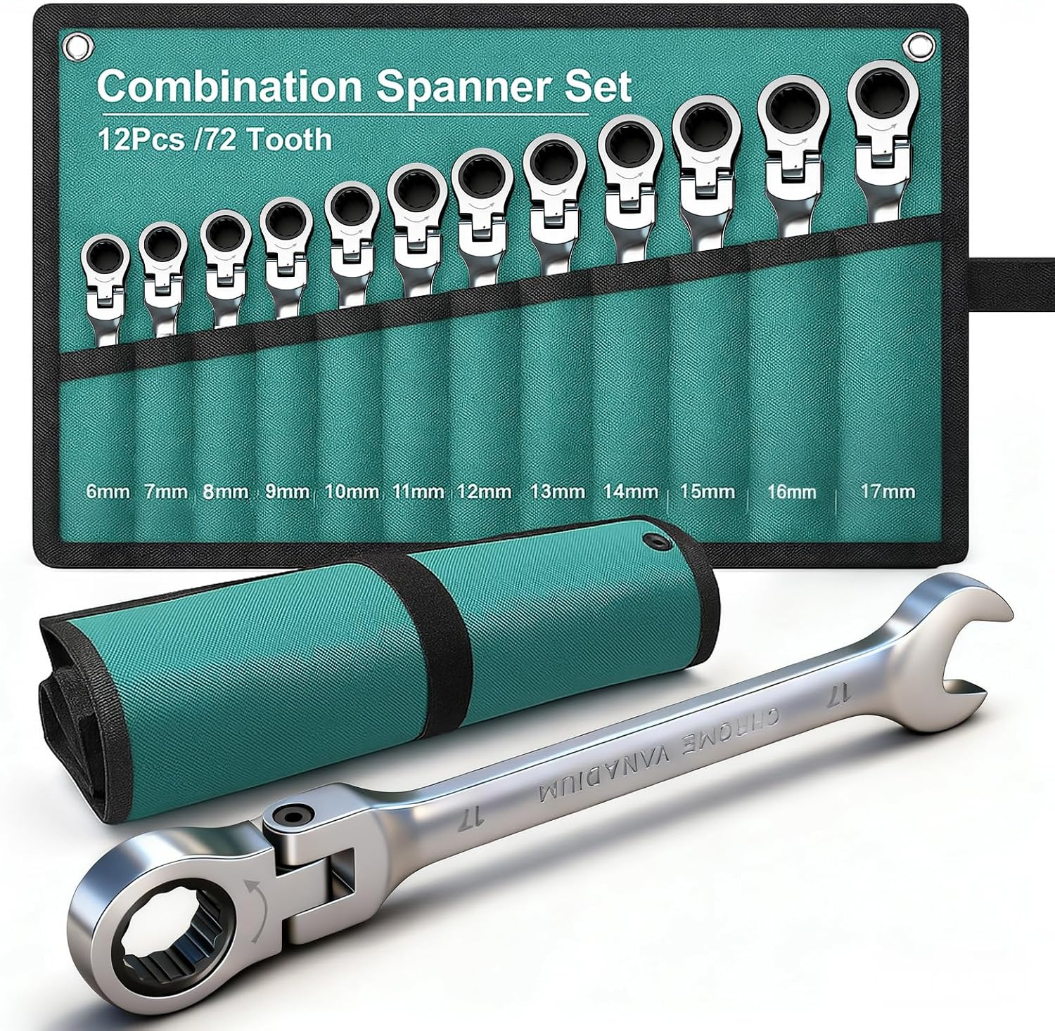 12PCS Flexible Ratchet Spanner Sets, 180° Angled Adjustable Head, Metric 6-17Mm, 72 Teeth Gear Wrench Set with Roll-Up Pouch, Includes 10Mm & 17Mm Spanners for DIY & Repairs