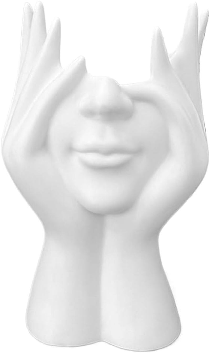 Minimalist White Ceramic Face Vase, Ceramic Hands Decor Planter, Versatile Face Sculpture, Handheld Design for Flowers or Makeup Brushes (11X 6.5 X 17CM)