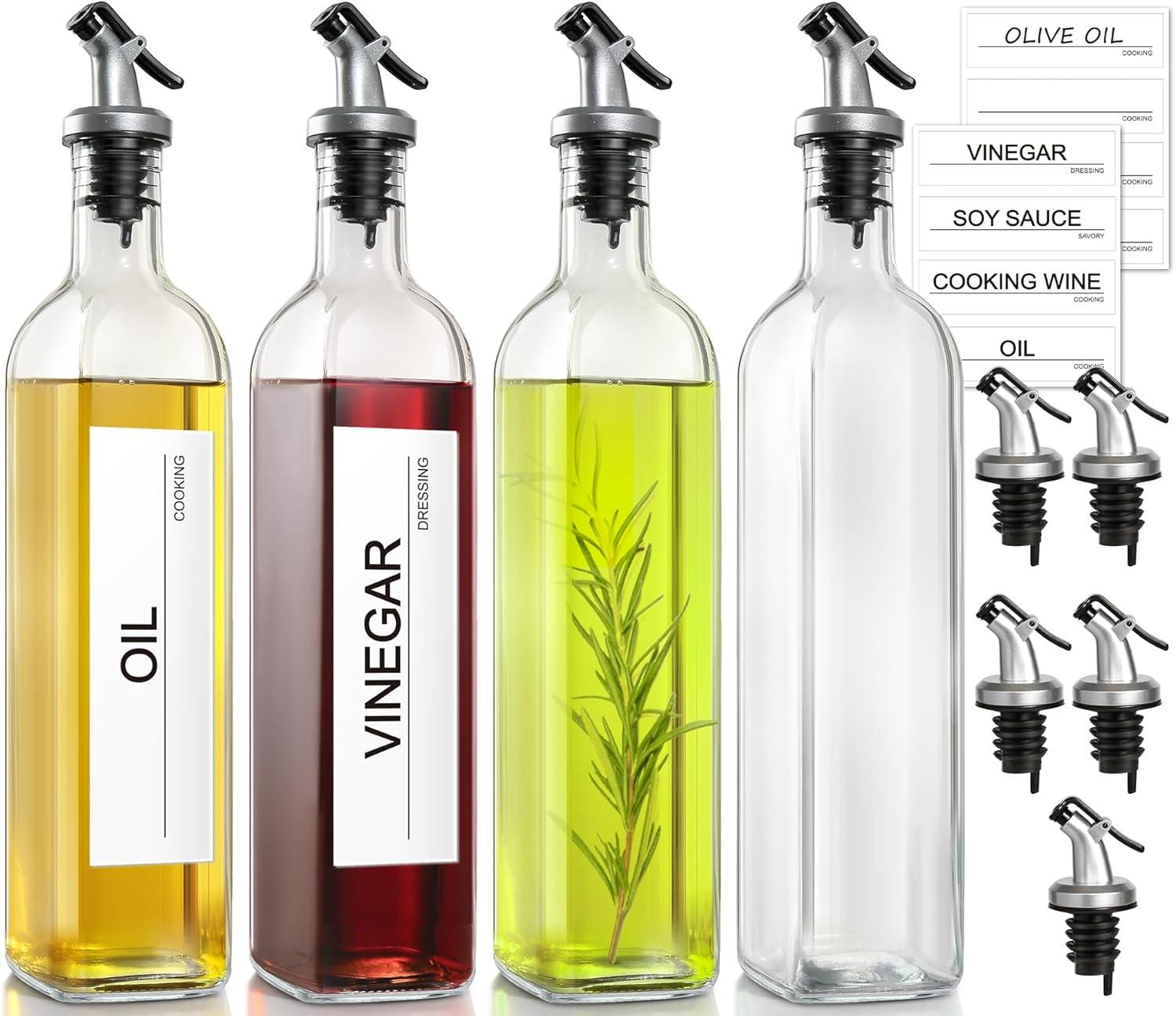 GMISUN Oil Dispenser for Kitchen, 4Pack Oil Bottles for Kitchen, 17Oz Cooking Oil Dispenser Bottle, Glass Oil Container with Plastic Pourer, Oil Cruet with Plastic Funnel and Labels for Vegetable