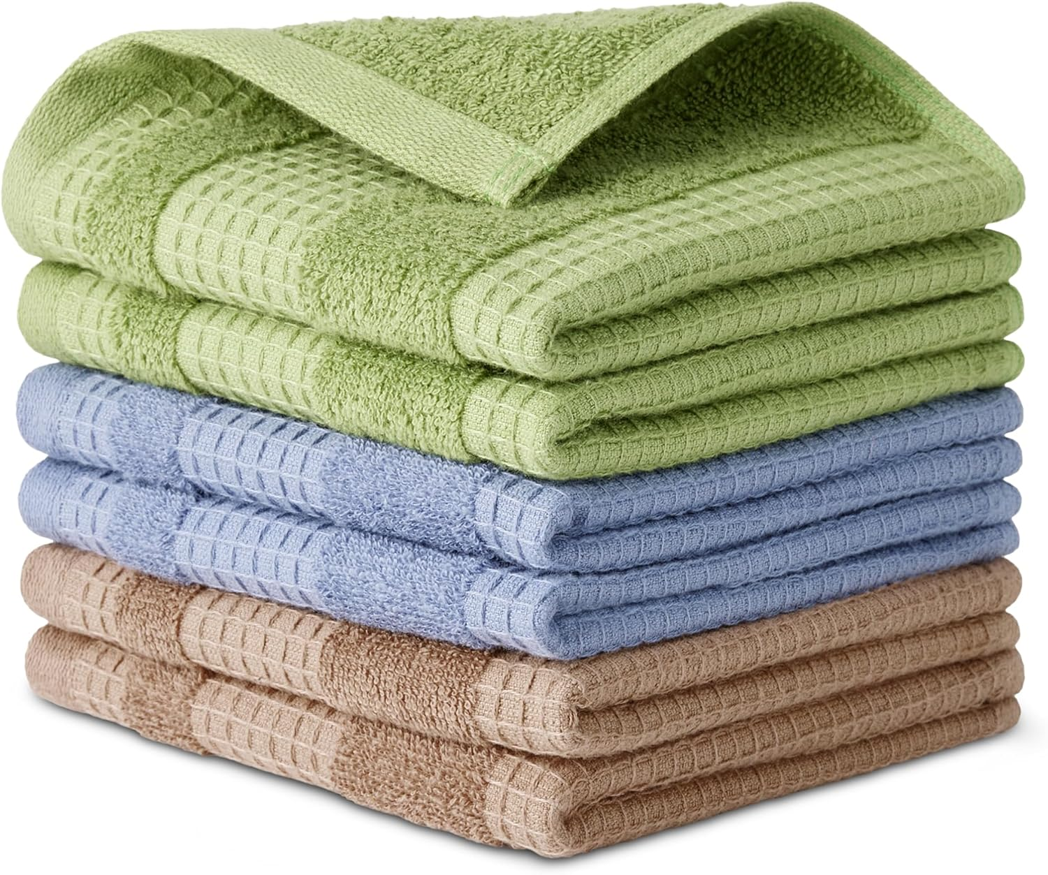 Organic Cotton Waffle Kitchen Dish Cloths - Ultra Absorbent, Quick Drying, Lint-Free, 12 X 12 Inches, 6-Pack (2 Brown, 2 Green, 2 Navy)