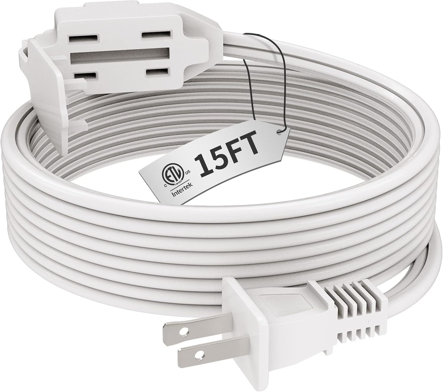 Indoor Extension Cord 15 FT, 2 Prong White Extension Cord, 3 Polarized Outlets with Safety Cap Protect for Home Office, 16/2 SPT-2 ETL Listed