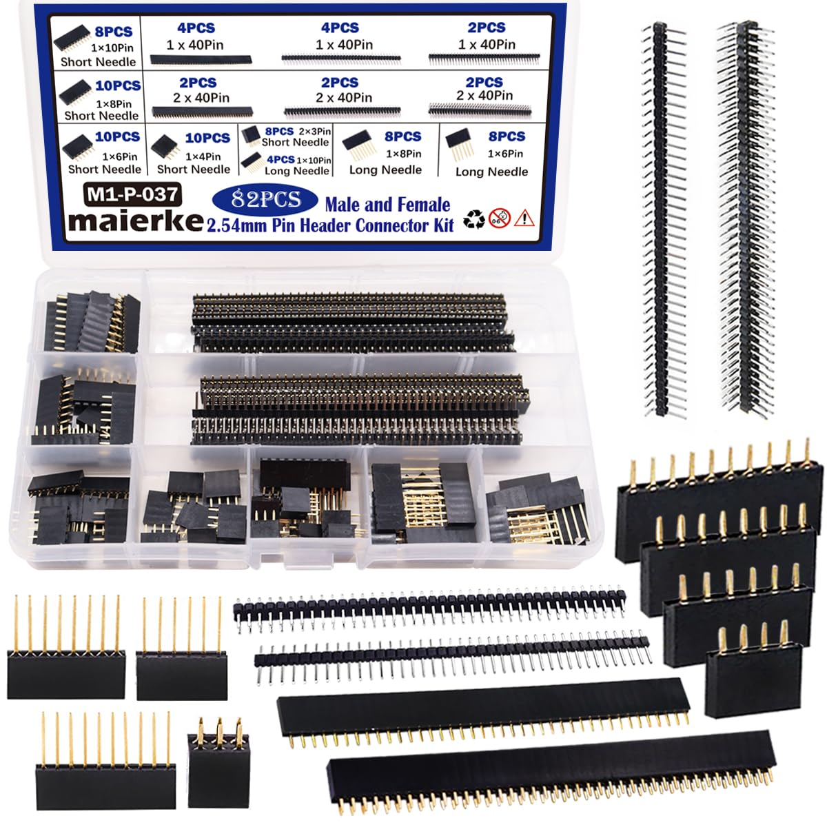 82PCS 2.54Mm Pitch Male and Female Header Pins Connector Assortment Kit, Stackable Shield Header and Breakaway PCB Board Pin Headers for Arduino Prototype Shield