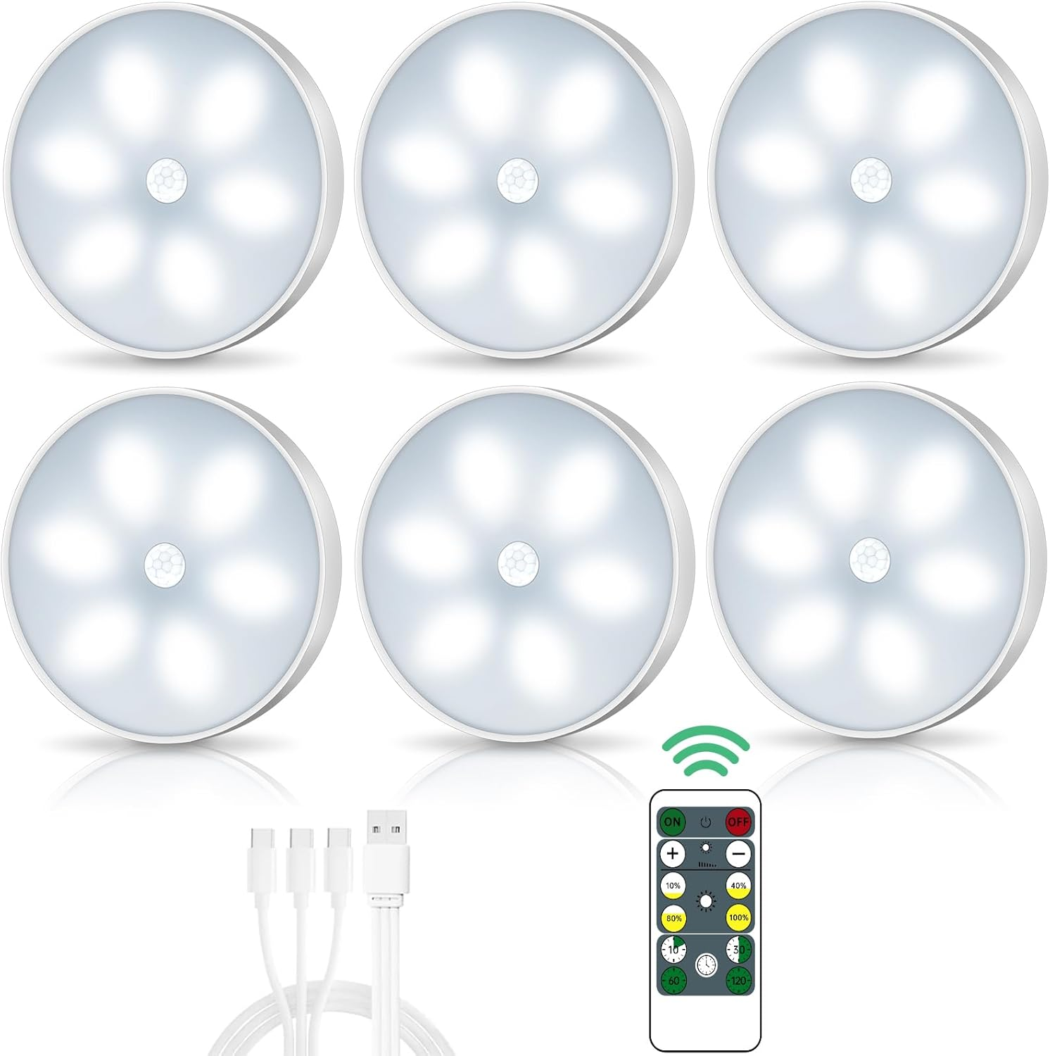 LED Closet Lights Wireless Motion Sensor Puck Light with Remote Control,Usb Rechargeable Puck Lights, Dimmable under Cabinet Indoor Lighting Magnet Stick-On Light for Counter Kitchen Wardrobe (6 Pack)