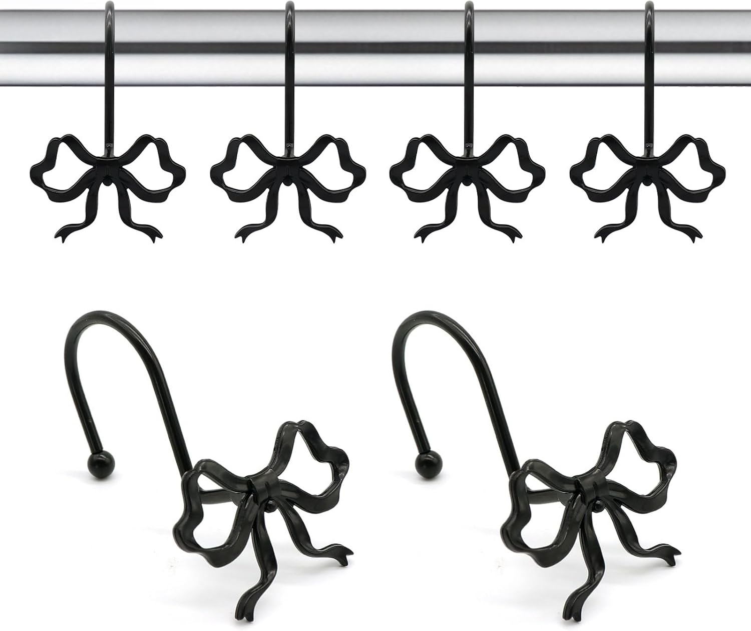 Elegant Bow Shower Curtain Hooks, 12PCS Decorative Rings for Home Decor (Black)