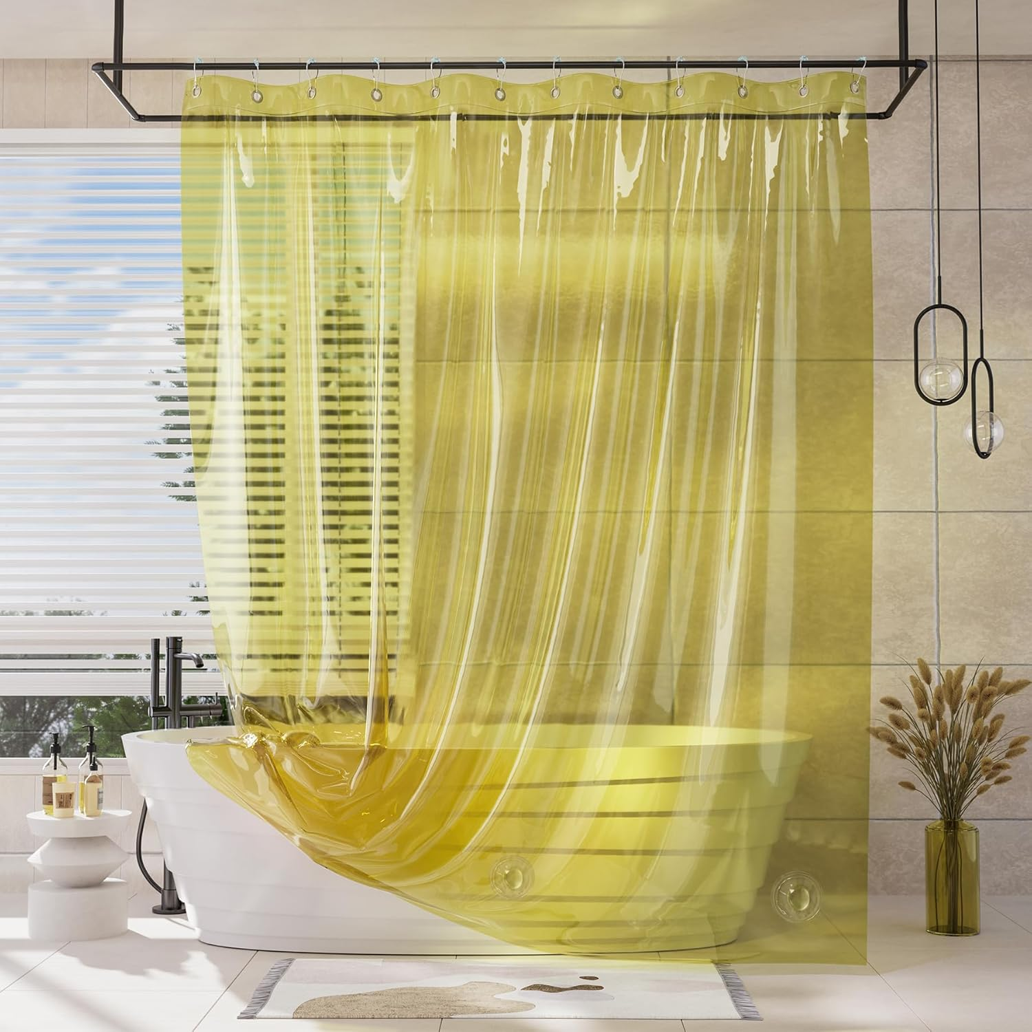 Shower Curtain Liner, 100% EVA Clear Yellow Heavy Duty Shower Curtain and Liner 2-In-1, 72X72 Luxury Plastic Weighted Bathroom Shower Liner, 12 Rustproof Grommets & 3 Heavyweight Stones