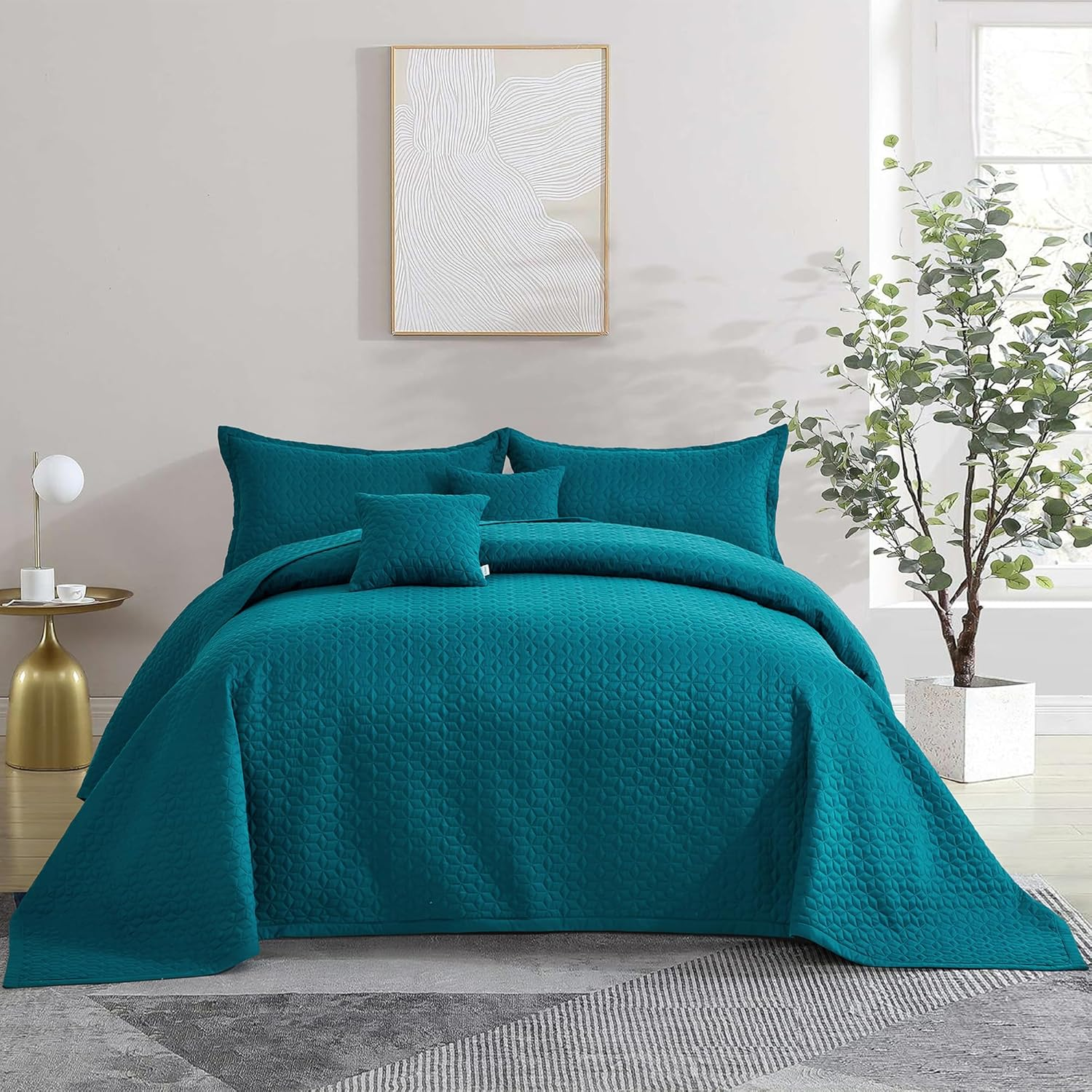 Oversized King Bedspread 128X120 Extra Wide, Modern & Contemporary Look, Lightweight Bedding Cover, Reversible, 5 Piece, 100% Microfiber, Blue Coral