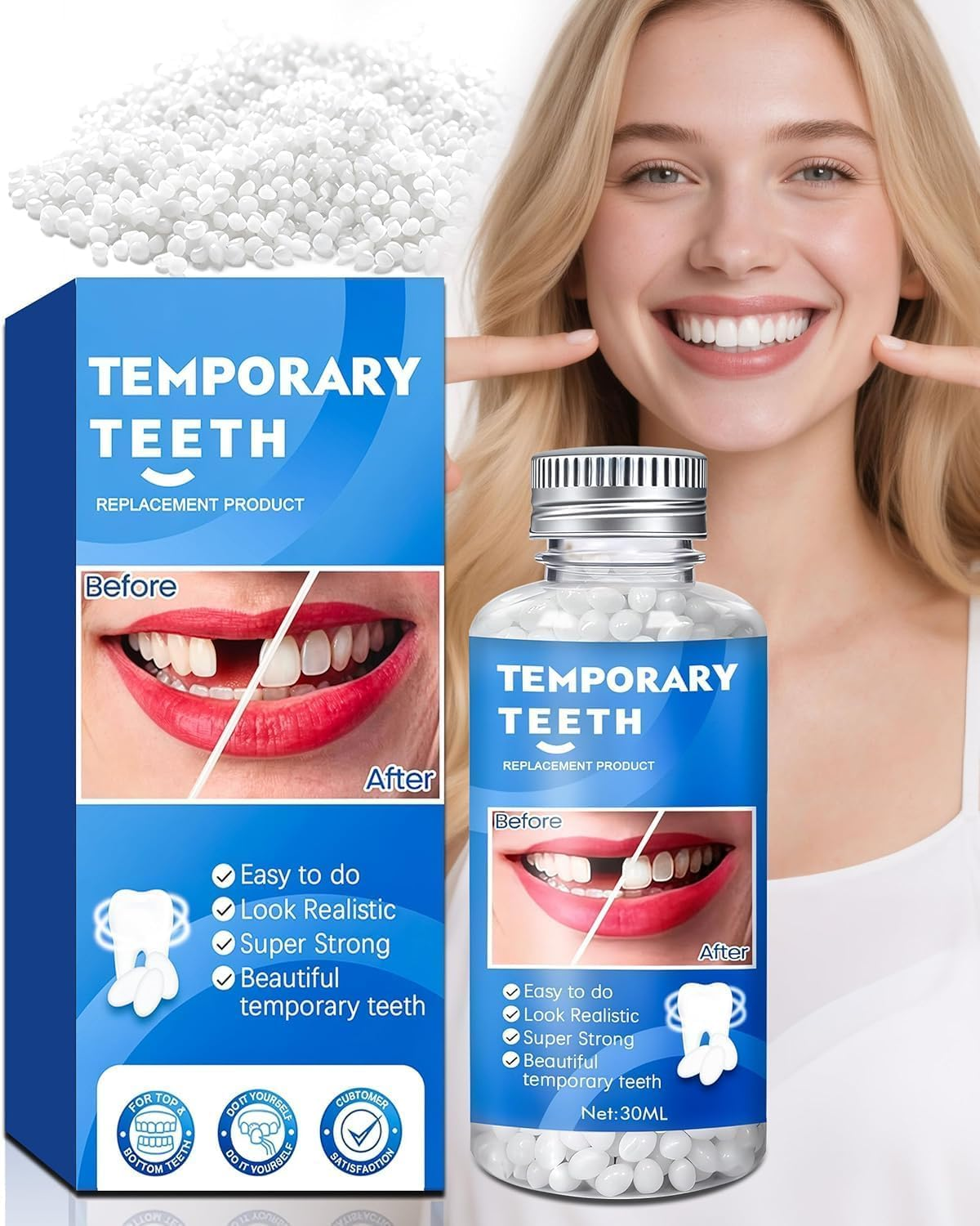 Tooth Repair Kit, Moldable False Teeth Beads for Teeth Repair, Suitable for Missing, Cracked DIY Denture Kit, 1Pack-Yj