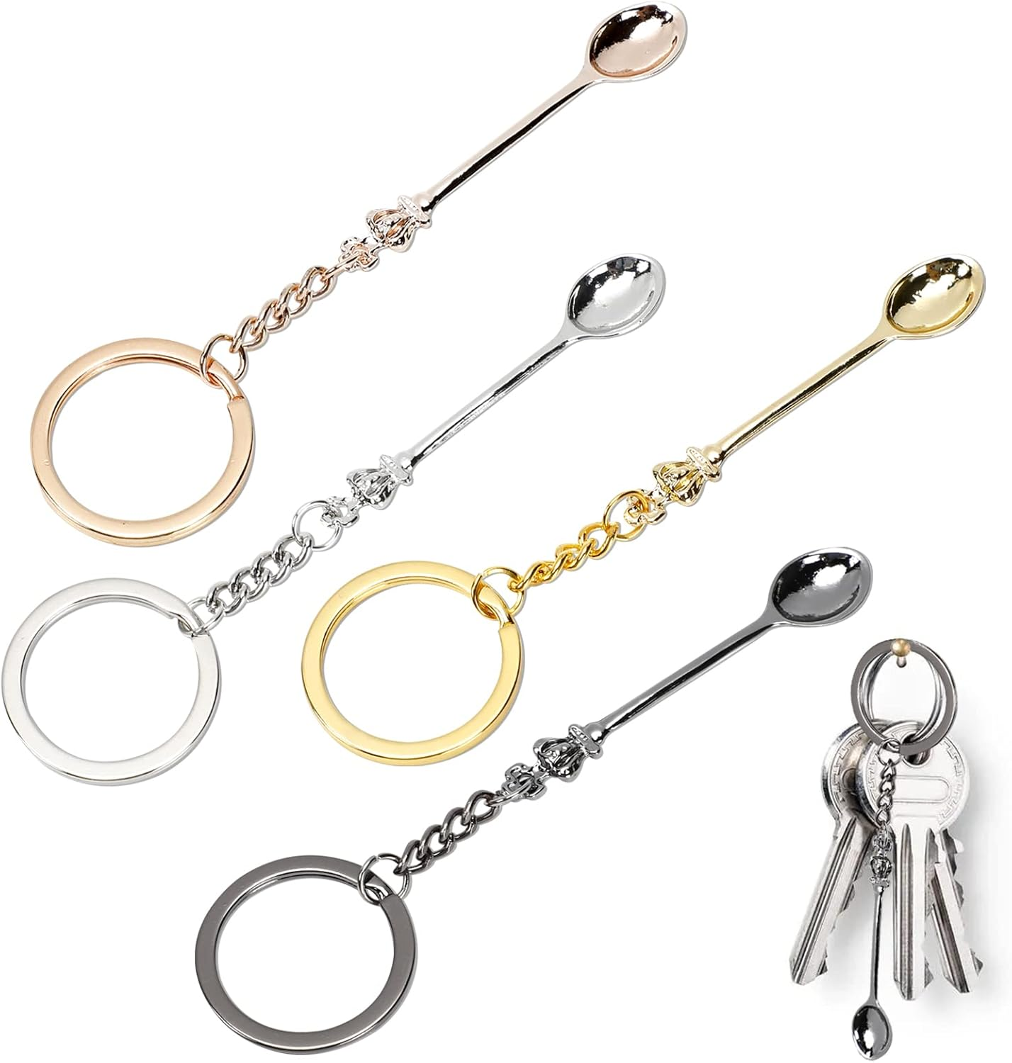 4PCS Mini Crown Spoon Keychain Pendant Necklace, Mini Spoon Teaspoon