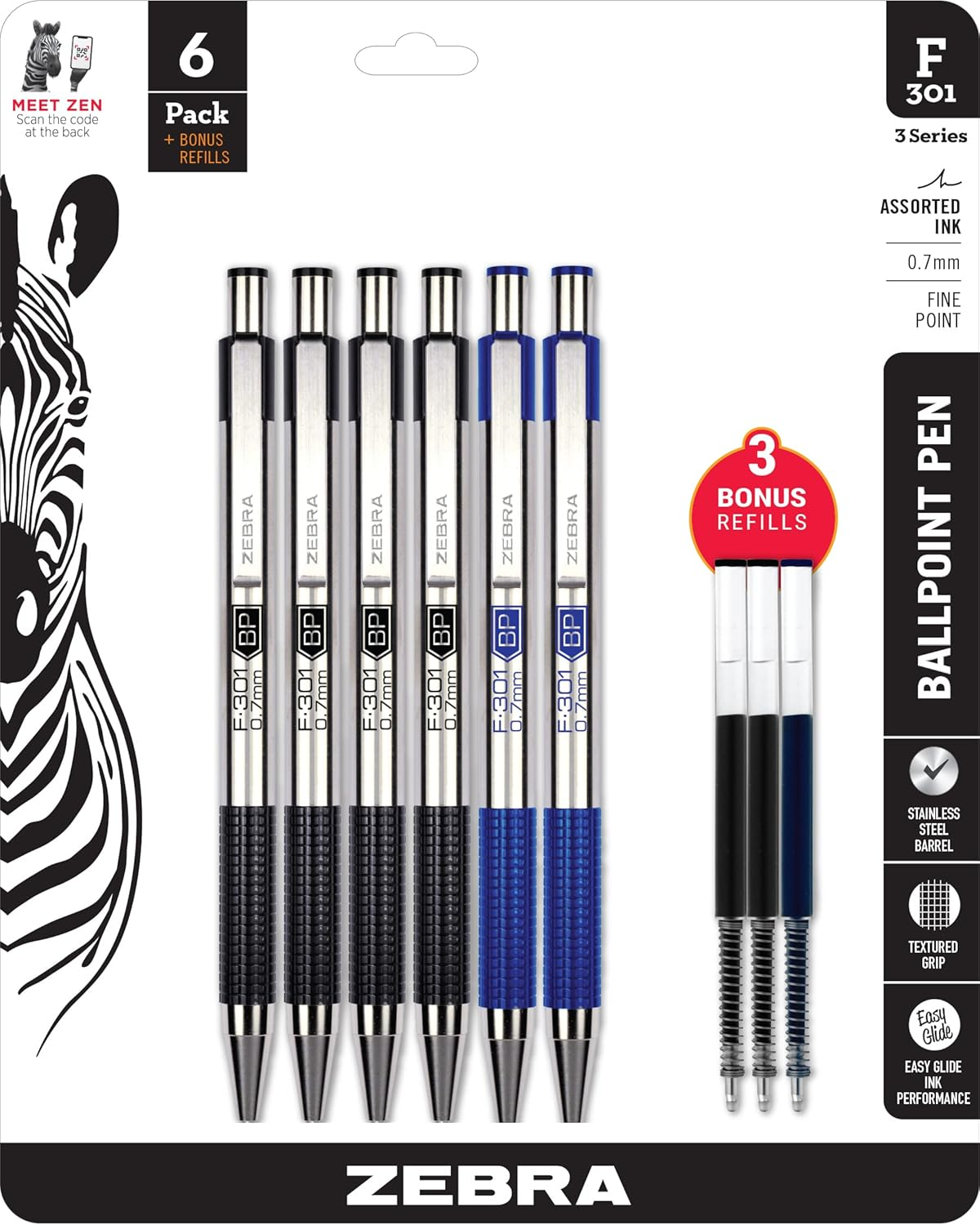 Pen F 301 RT BP Pen 6 Pk (4Bk,2,Bl) + 3 Bonus