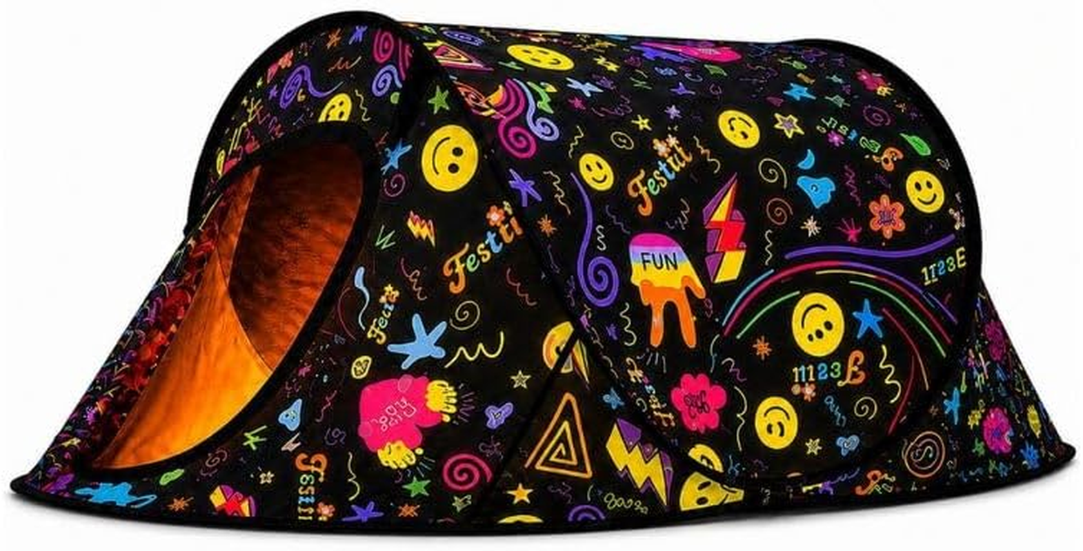 2 PERSON POP up FESTIVAL TENT, WATERPROOF CAMPING, TWO FUNKY DESIGNS plus  TENT FINDER REMOTE LED LIGHT.