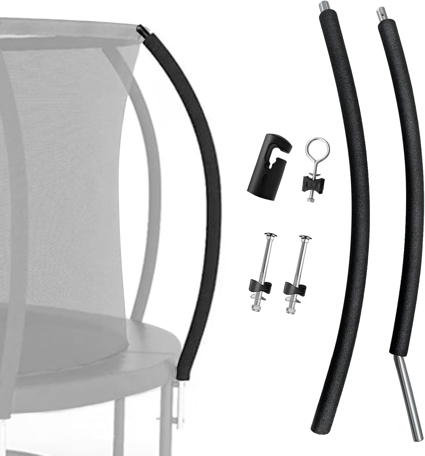 Universal Trampoline Replacement Curved Net Pole, Curved Pole Kit for 10-16Ft Frame, with Plastic Tube Cap, Mounting Hardware, Foam Padding