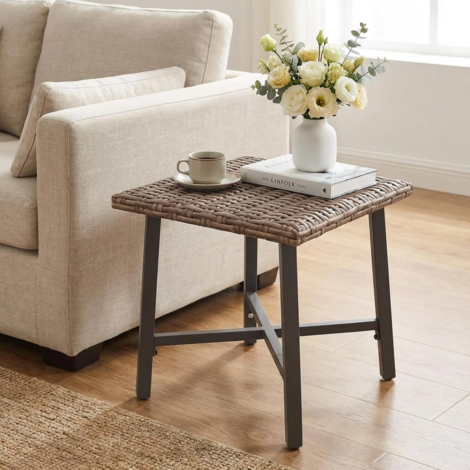 Outdoor Side Tables for Patio, Small Wicker Patio Rattan Side Table, outside End Table for Backyard, Porch, Pool, Weather Resistant & Easy Maintenance (Brown)