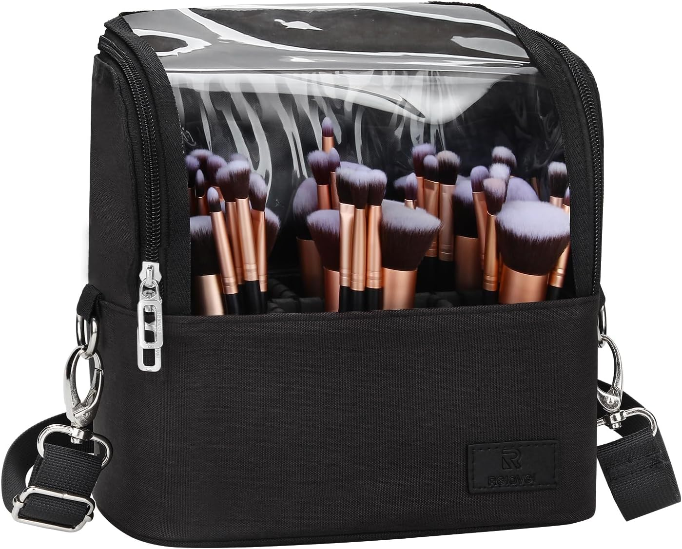 Makeup Brush Bag, Makeup Brush Holder Travel Stand-Up Makeup Cup Large Makeup Brush Organizer Case Professional Cosmetic Bag Artist Storage Bag with Adjustable Divider (Large, Black)