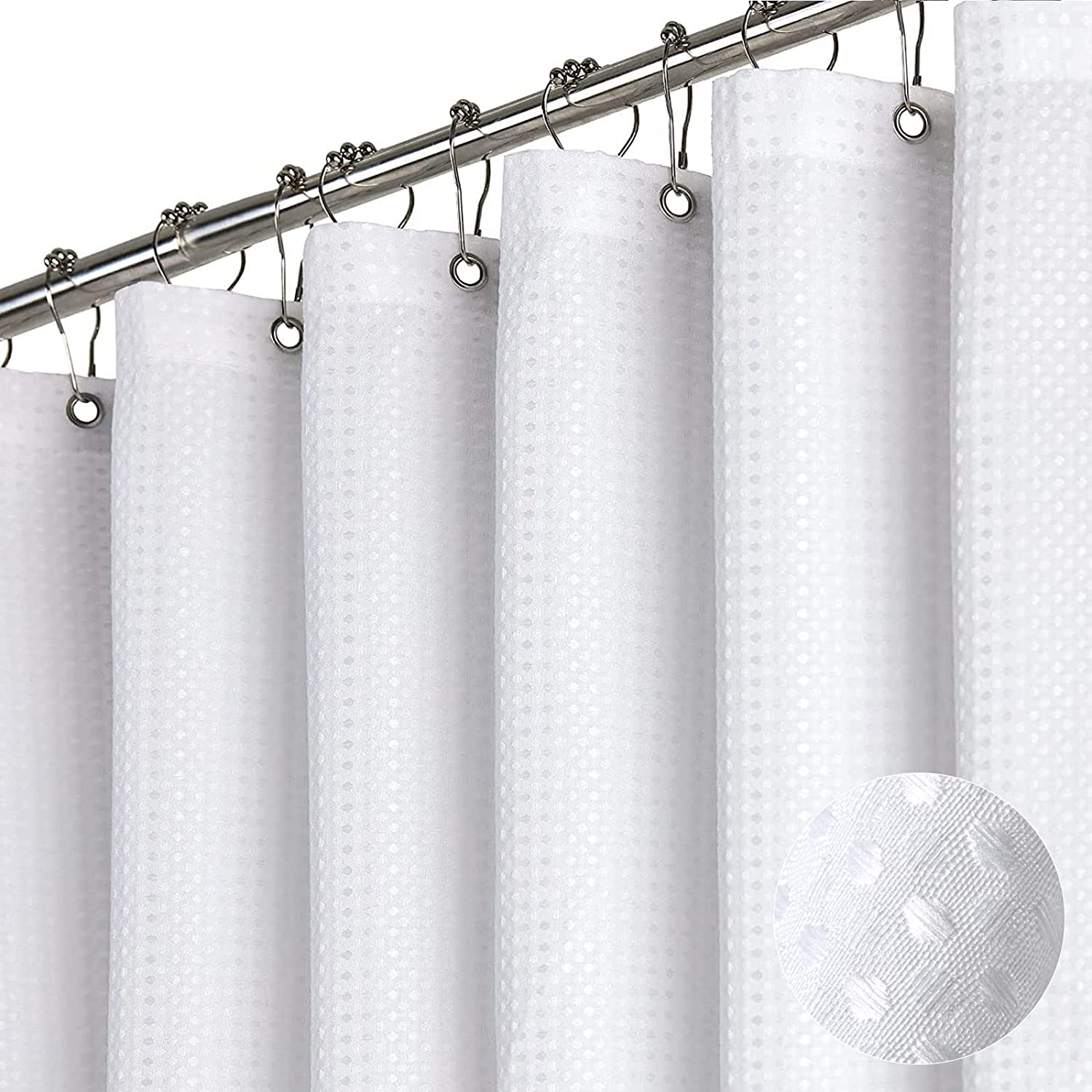 Extra Long Fabric Shower Curtain - Waffle Weave 84 Inches Long Heavy Duty Cloth Shower Curtains for Bathroom, 256GSM Tall Hotel Luxury Bath Curtain Set with 12 Plastic Hooks(72Wx84H, White