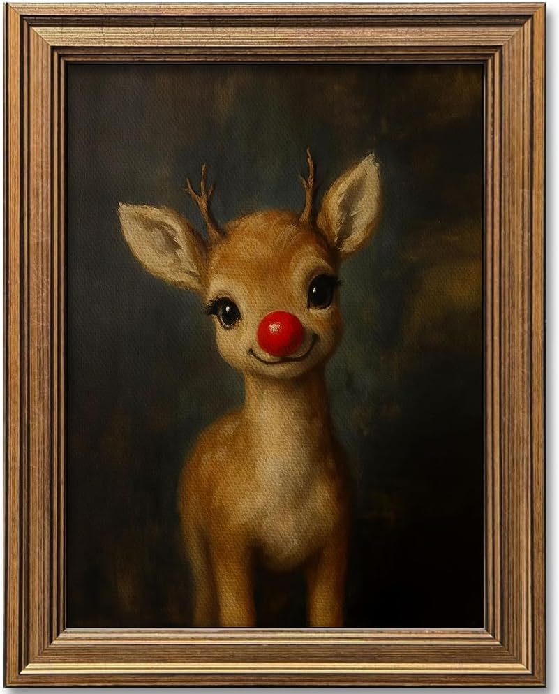 Vintage Christmas Wall Art Decor Gold Framed Art Funny Clown Reindeer Picture Painting for Home Living Room Decor Holiday Gift (Reindeer, 20L" X 16W")
