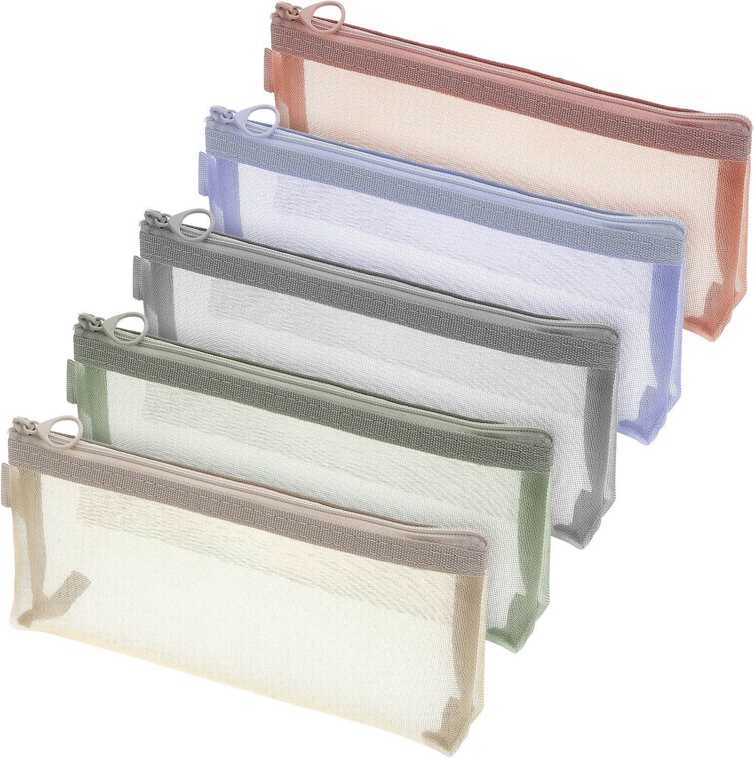 5 Pcs Mesh Zipper Pouch Bags, Nylon Mesh Makeup Brush Cosmetic Bags Portable Travel Organizer for Home Office Accessories, Multi-Color