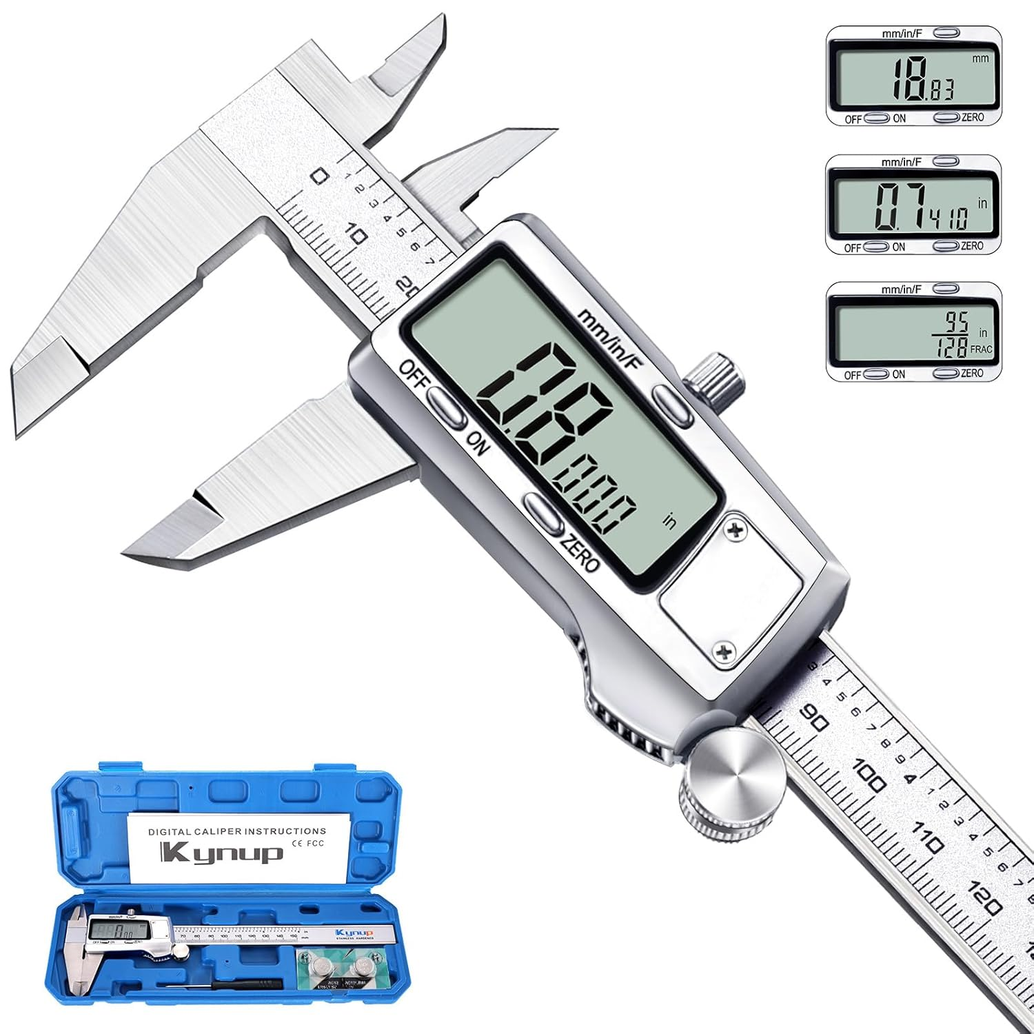 Digital Caliper, Caliper Measuring Tool, Micrometer Dial Vernier Caliper with Large LCD Screen, Full Turn Off, Stainless Steel, Switch from Inch Metric Fraction (6Inch/150Mm)
