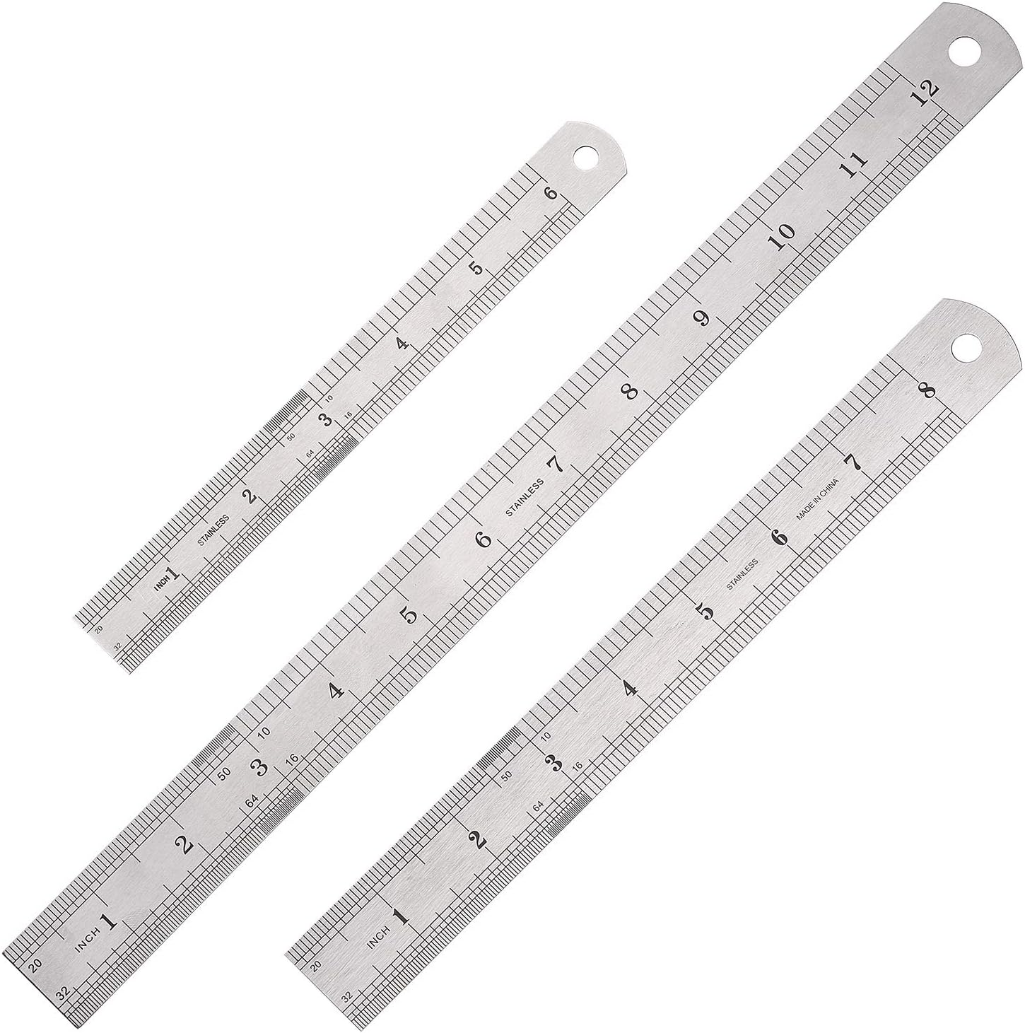 3 PCS Stainless Steel Ruler Set with Inch and Metric Graduation, 12 Inch, 8 Inch and 6 Inch(Silvery)