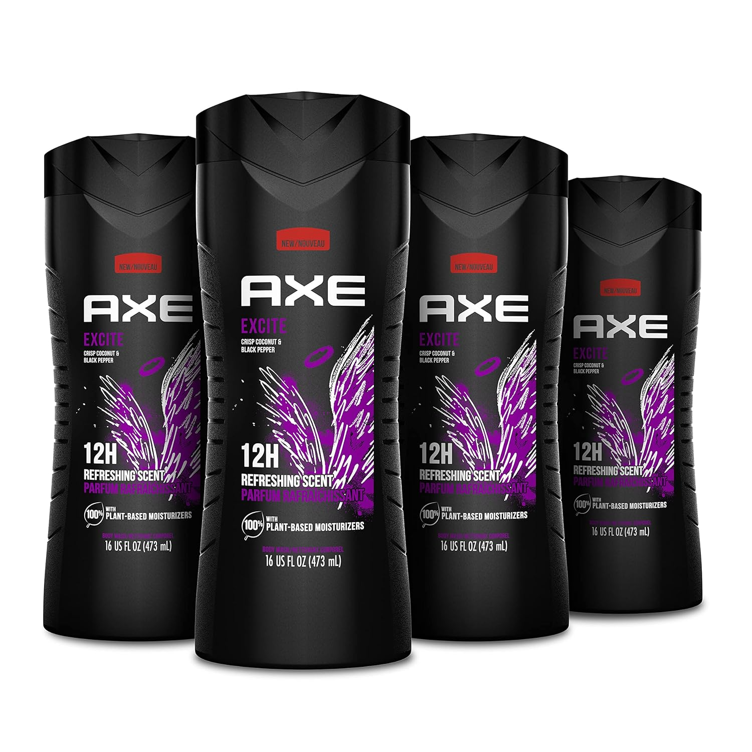 Body Wash 4 Count 12H Refreshing Scent Excite Crisp Coconut & Black Pepper Men'S Body Wash with 100% Plant-Based Moisturizers 16 Oz