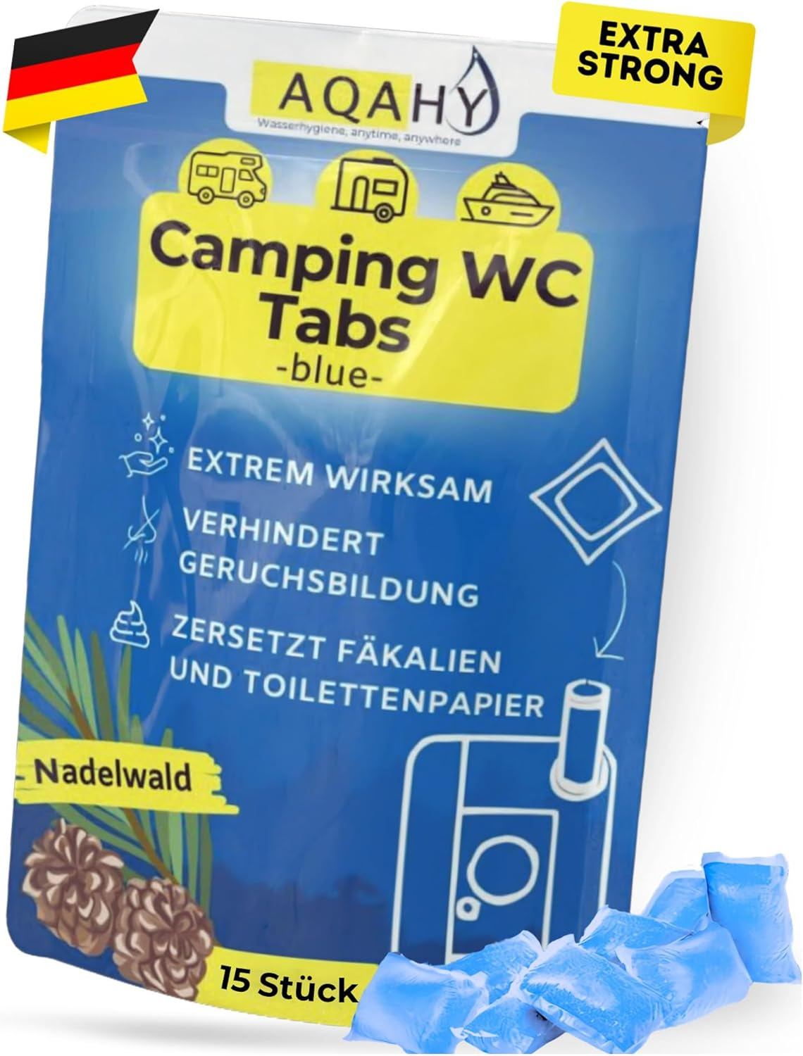 Camping Toiletten Zusatz - Tabs Blue Extra Stark – Nadelwald WC Drops - Chemietoilette Tabs Entfernt Unangenehme Gerüche - Made in DE