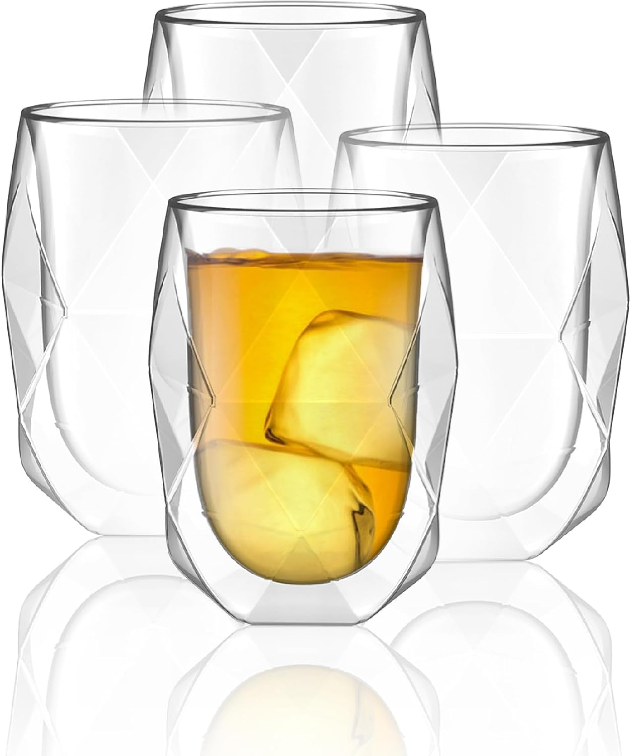 Btat- Insulated Coffee Mug, Double Wall Glass, Diamond Shape, Set of 4 (12Oz, 350Ml), Coffee Cups, Tea Cups, Latte Cups, Glass Coffee Mug, Coffee Glass, Latte Mug, Clear Mugs