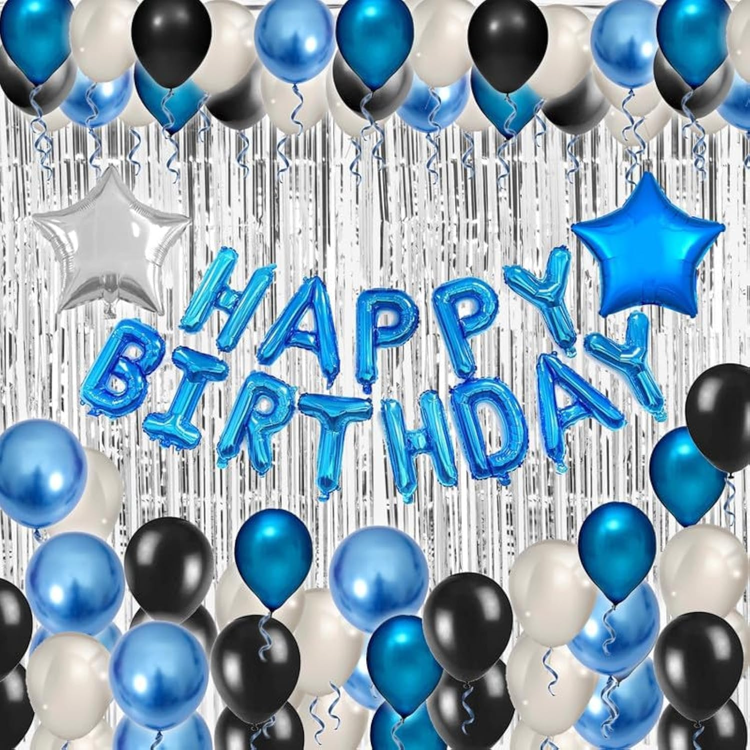 Blue Black Birthday Party Decorations Kit for Men 49 Pieces, Happy Birthday Banner, Fringe Curtains, Foil Star & Balloons Party Décor for Men Boys Women Girls Birthday Party Supplies