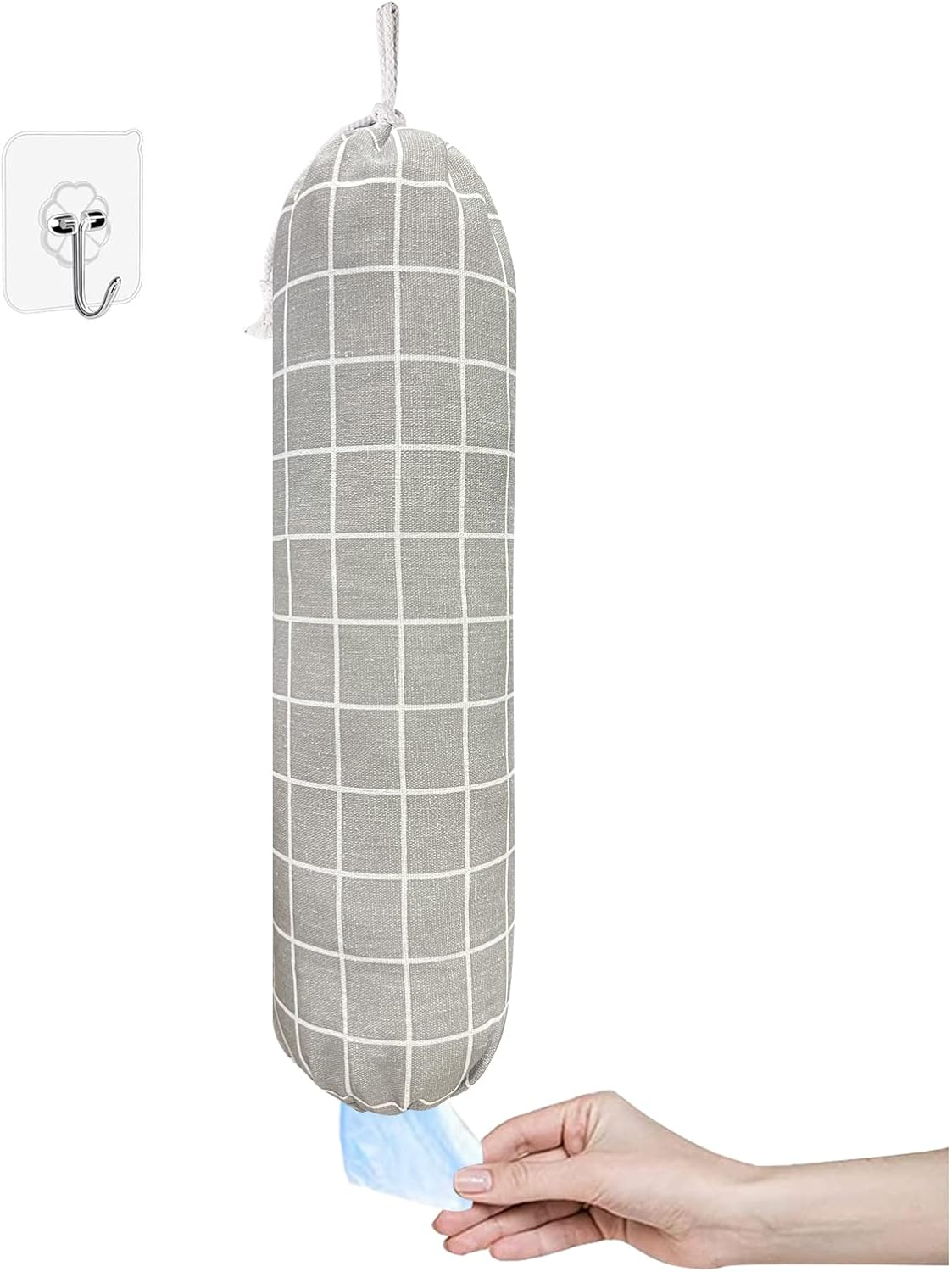 Plastic Bag Holder, Wall Mount Organizer, Shopping Bags Carrier, Washable Large Grocery Storage Dispenser For Home Kitchen Travelling, Free Adjustment with Drawstring (Check Gray)