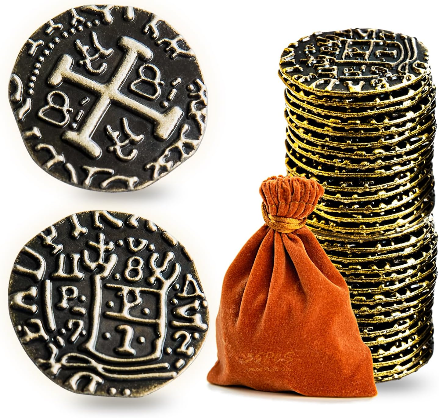 Metal Pirate Coins, Prefdo 35PCS X Large Gold Treasure Coin Set Spanish Doubl... - Picture 7 of 7