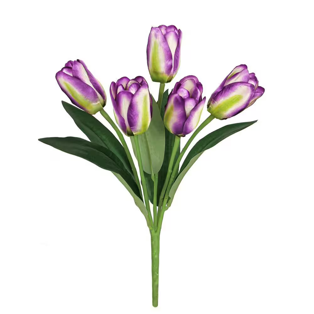 12 In. Purple Cream Artificial Tulip Flower Stem Bush Bouquet (Set-6)