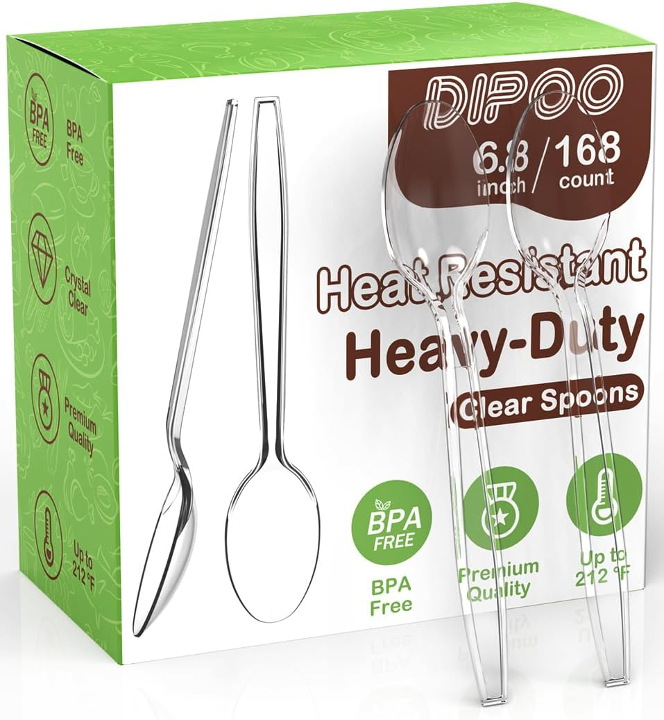 168Pc 6.8'' Clear Plastic Spoons Heavy Duty Heat Resistant & BPA Solid Durable