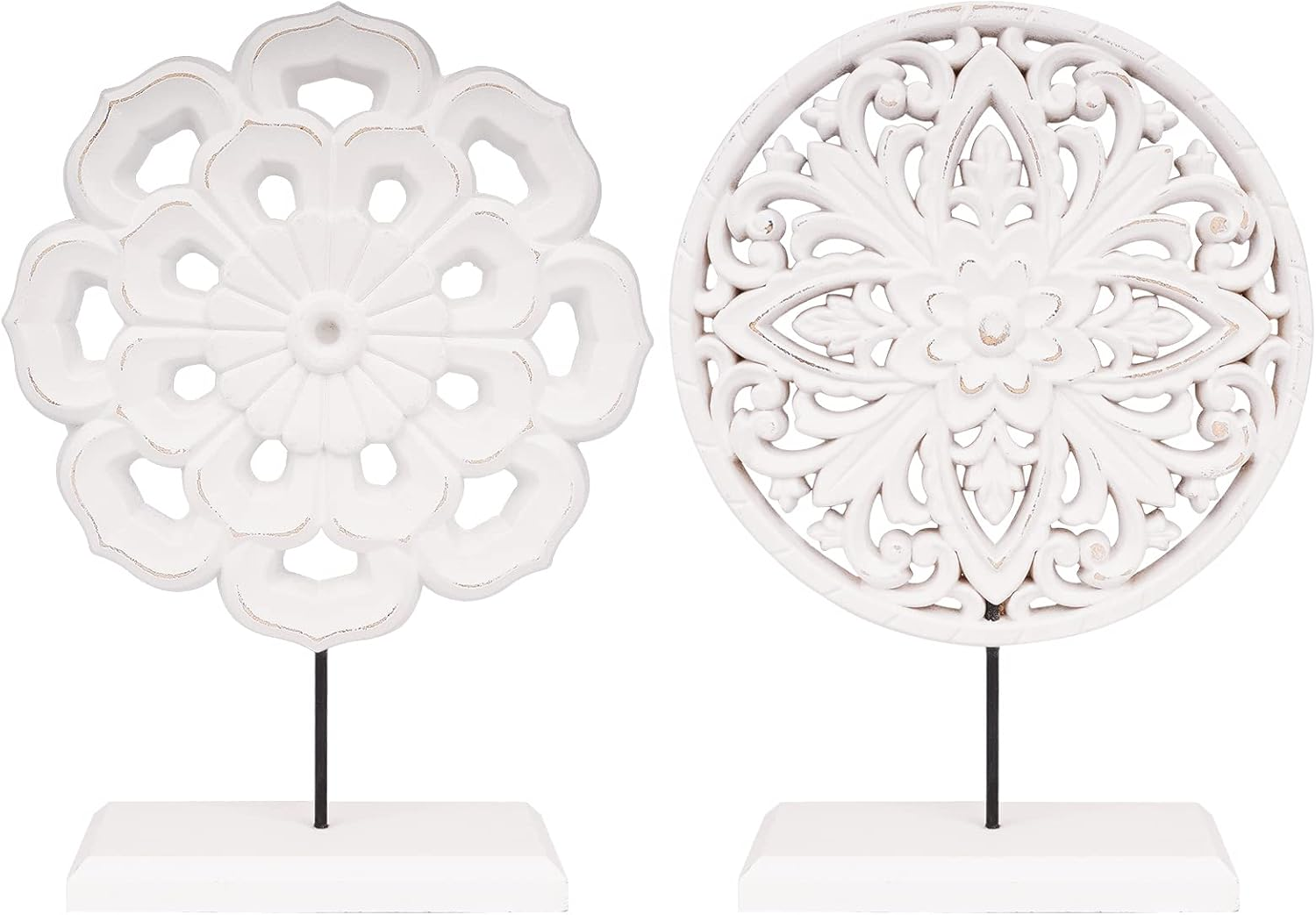 2 Pack Wooden Carved Cutout Flower Medallion Sculpture, Rustic Distressed White MDF Statues Home Tabletop Decor, Decorative Ornaments for Living Room, Bedroom, Office Desktop, Cabinets