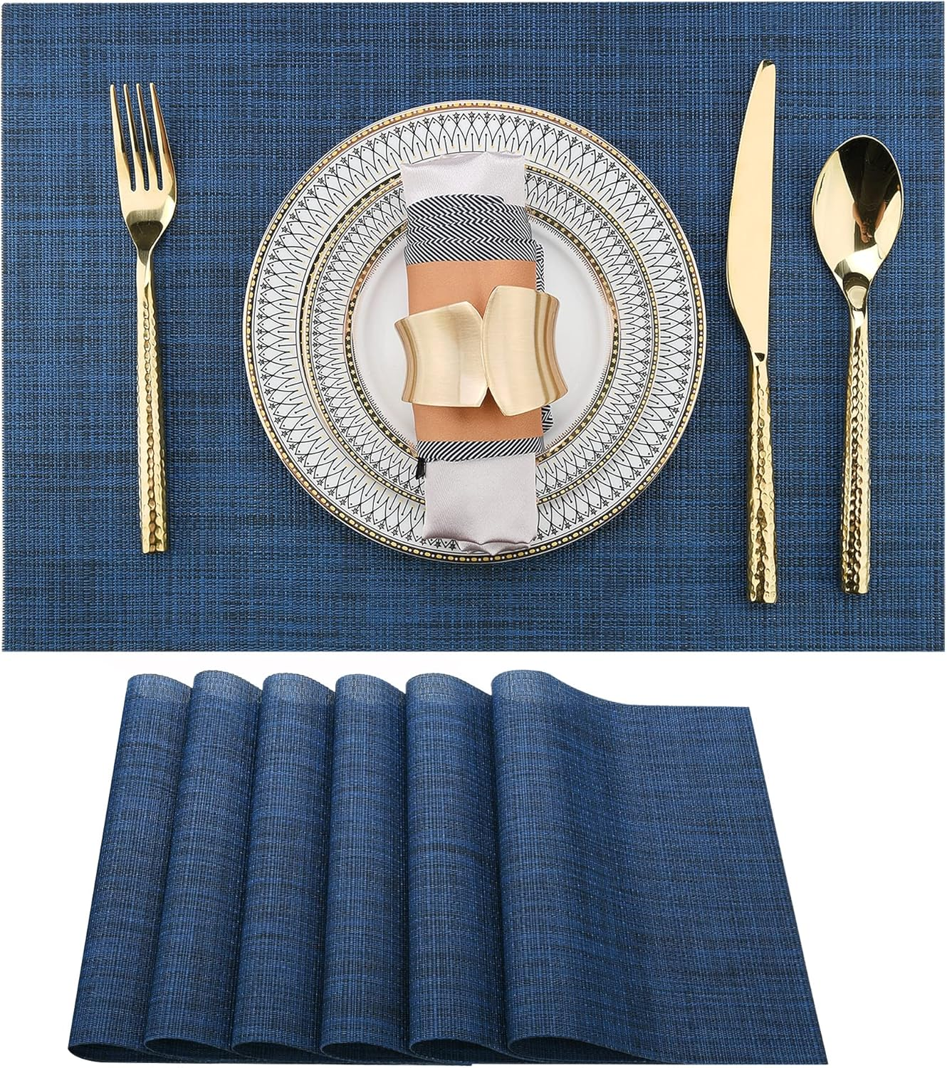 Navy Blue Placemats Set of 6 - Easy Clean Washable Vinyl Placemats - Wipeable Heat Resistant Table Mats for Dining Table - 17X12 Inch (Navy Blue, 6)