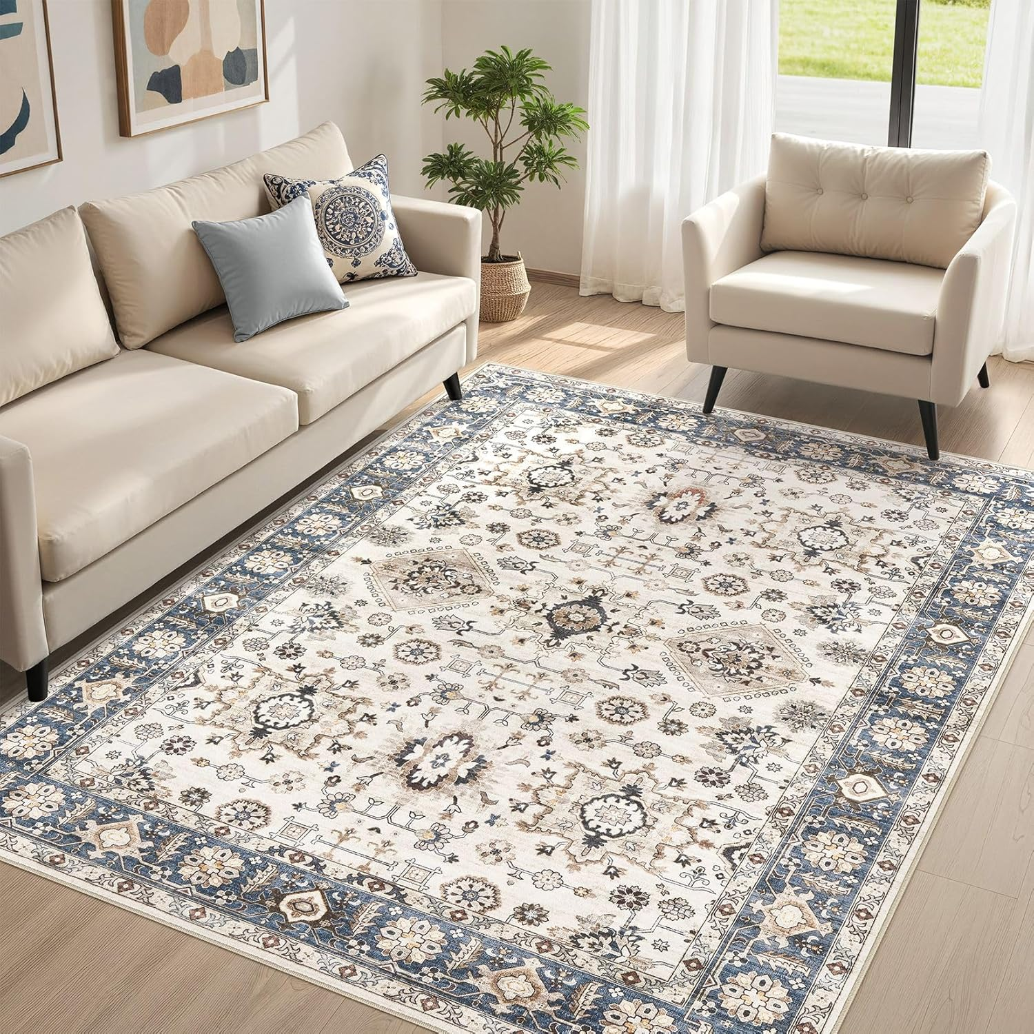 Area Rugs for Living Room: 5X7 Washable Rug Vintage Pattern Large Non-Slip Stain Resistant Soft Durable Floor Carpet for Bedroom, Dining Room, Home Office - Blue