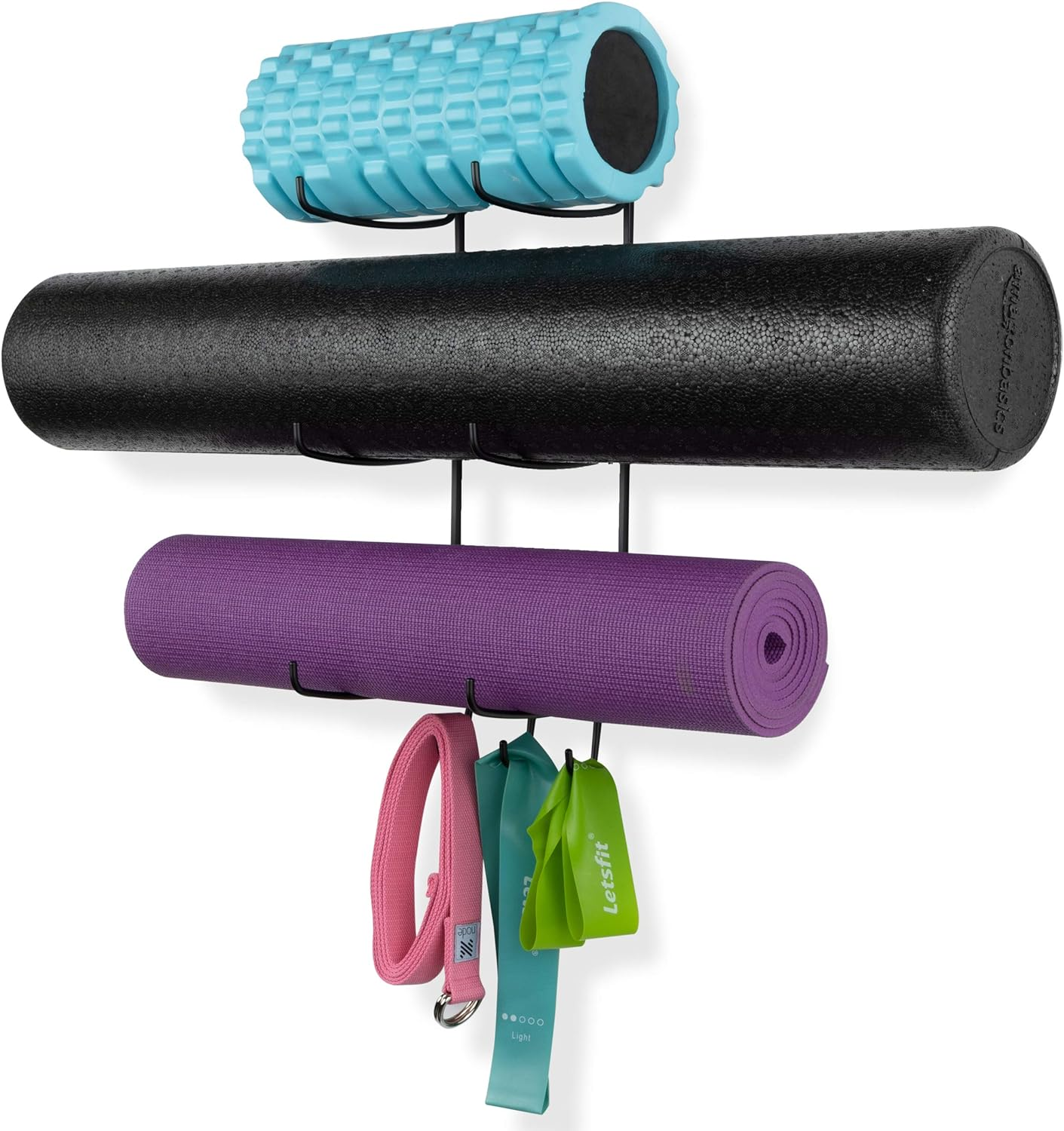 Wallniture Guru Yoga Mat Holder Wall Mount with 3 Hooks for Hanging Yoga Strap, Resistance Bands, 5-Sectional Metal