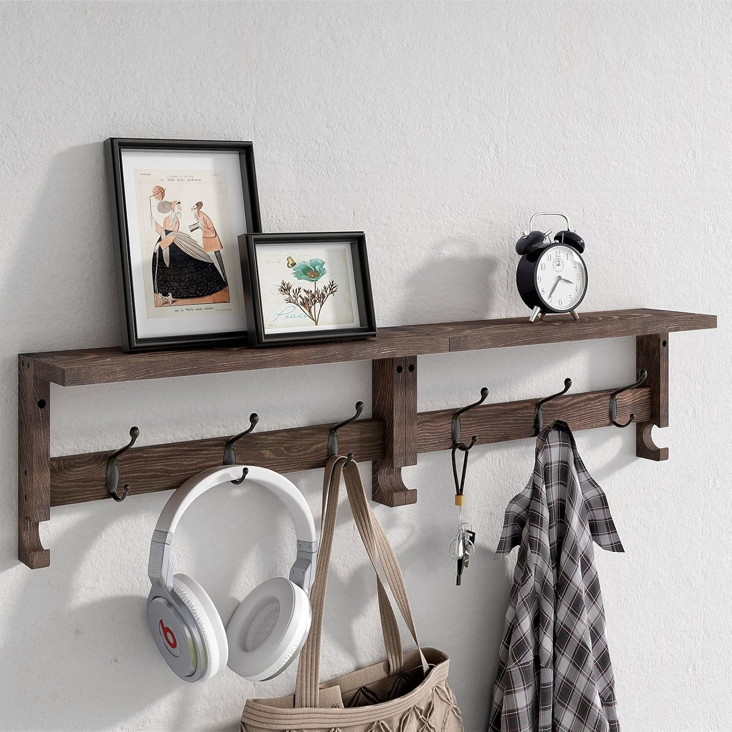 Coat Hooks, Wood Rack Wall-Mounted, 31.5 Inch Entryway Shelf with 10 Hooks (Brown)