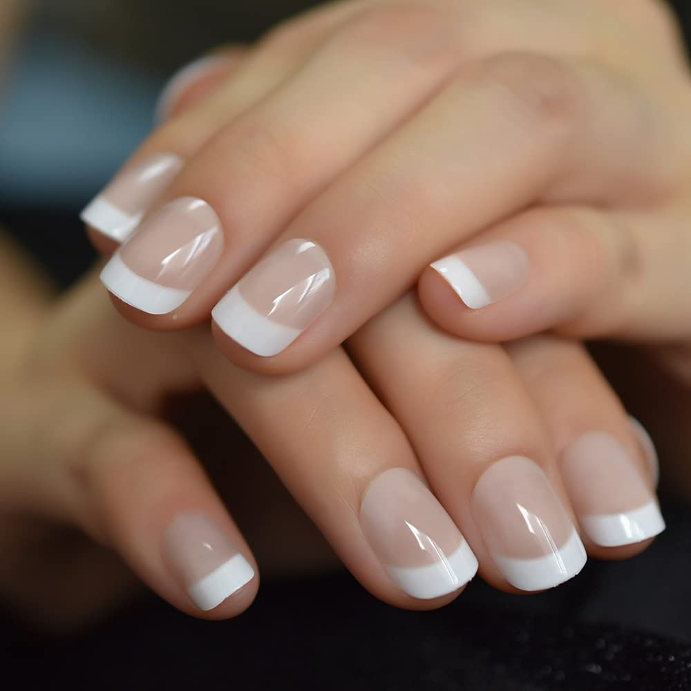 Natural Beige Nude White Press on Nails Short Squoval French Nail Tips False Nai