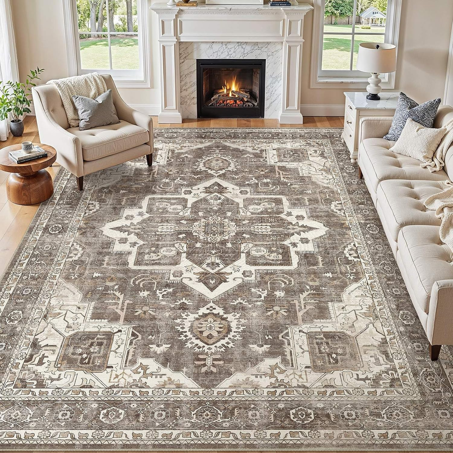 8X10 Washable Area Rugs for Living Room, Large Rug Non Slip Backing Vintage Distressed Stain Resistant Soft Low Pile Indoor Carpet for Bedroom Dining Room Kid & Pet Friendly-Brown