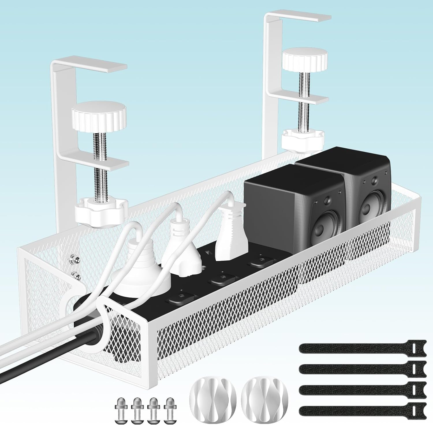 Under Desk Cable Management Tray White, No Drill Desk Cable Management Organizer with Clamp for Desk Wire Management, Desk PC Cord Organizer Accessories & Workspace Organizers for Office, Home