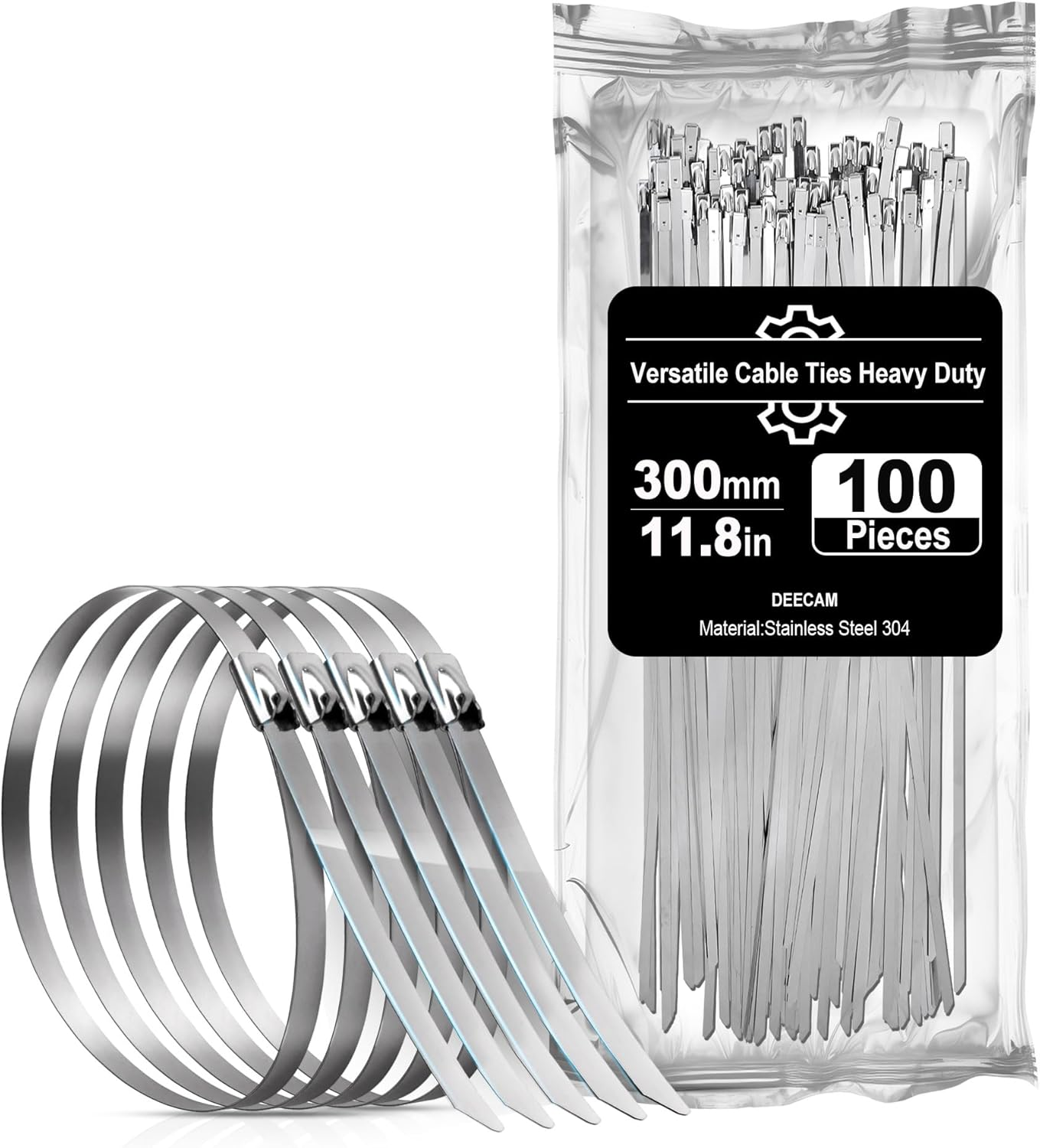 Stainless Steel Cable Ties, 100 Pcs 11.8 Inch Multi-Purpose Self-Locking Cable Metal Zip Ties, Suitable for Exhaust Wrapping, Binding Cable, Automotive, Garden Repair and Fixed Fence