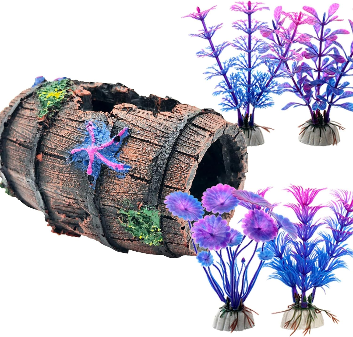 Fish Tank Decoration Betta Fish Tank Decorations Accessories for Aquarium Tank, Starfish Barrel X 1Pc, Aquatic Plants X 4Pcs