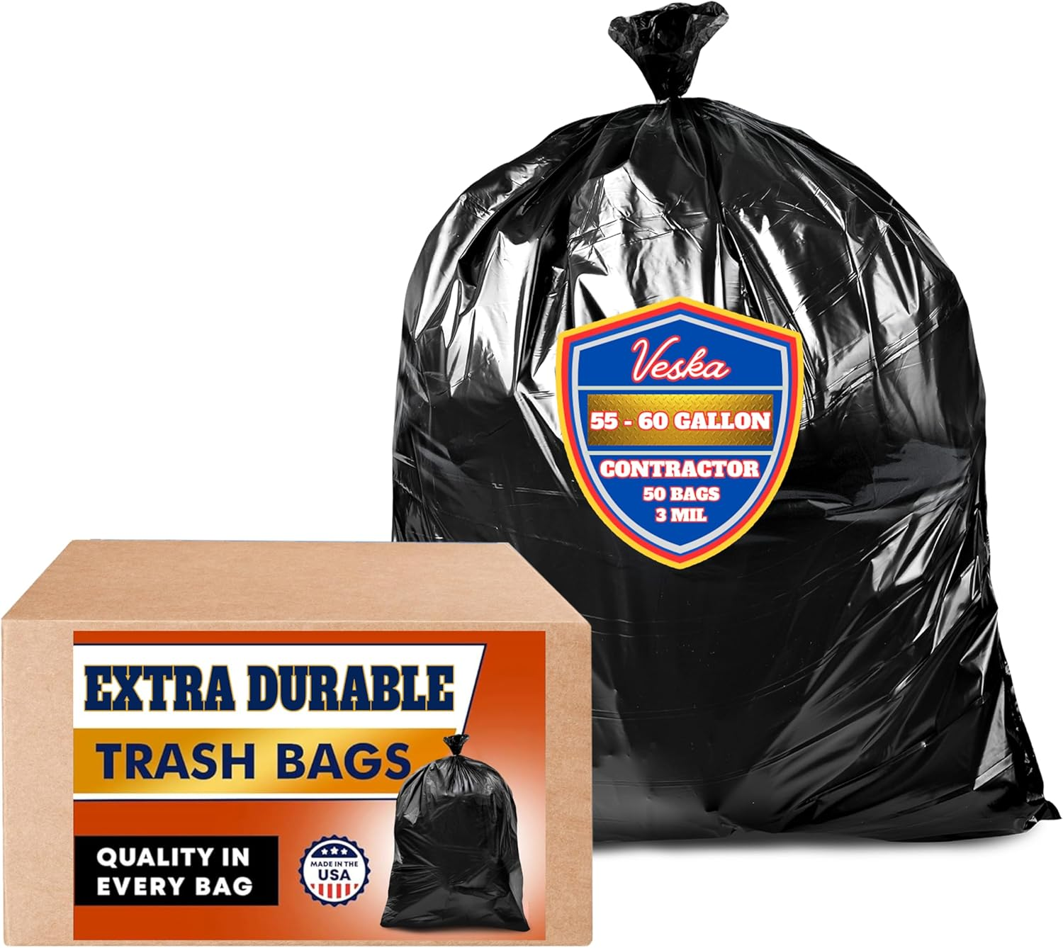 Veska 55-60 Gallon Heavy Duty 3 Mil Contractor Trash Bags (Megavalue 50 Bags W/Ties) Contractor Bag Heavy Duty 55 Gallon, Large Black Contractor Garbage Bags, Construction Bags, Industrial Trash Bag